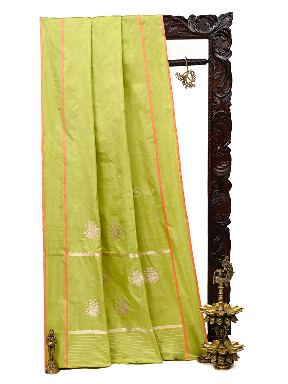 Parrot Green Sona Roopa Boota Satin Silk Handloom Banarasi Saree - Sacred Weaves