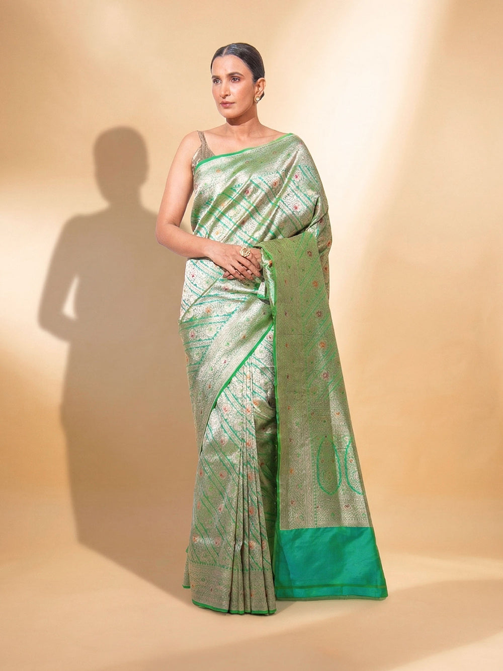 Pista Green Meenakari Brocade Handloom Banarasi Saree - Sacred Weaves