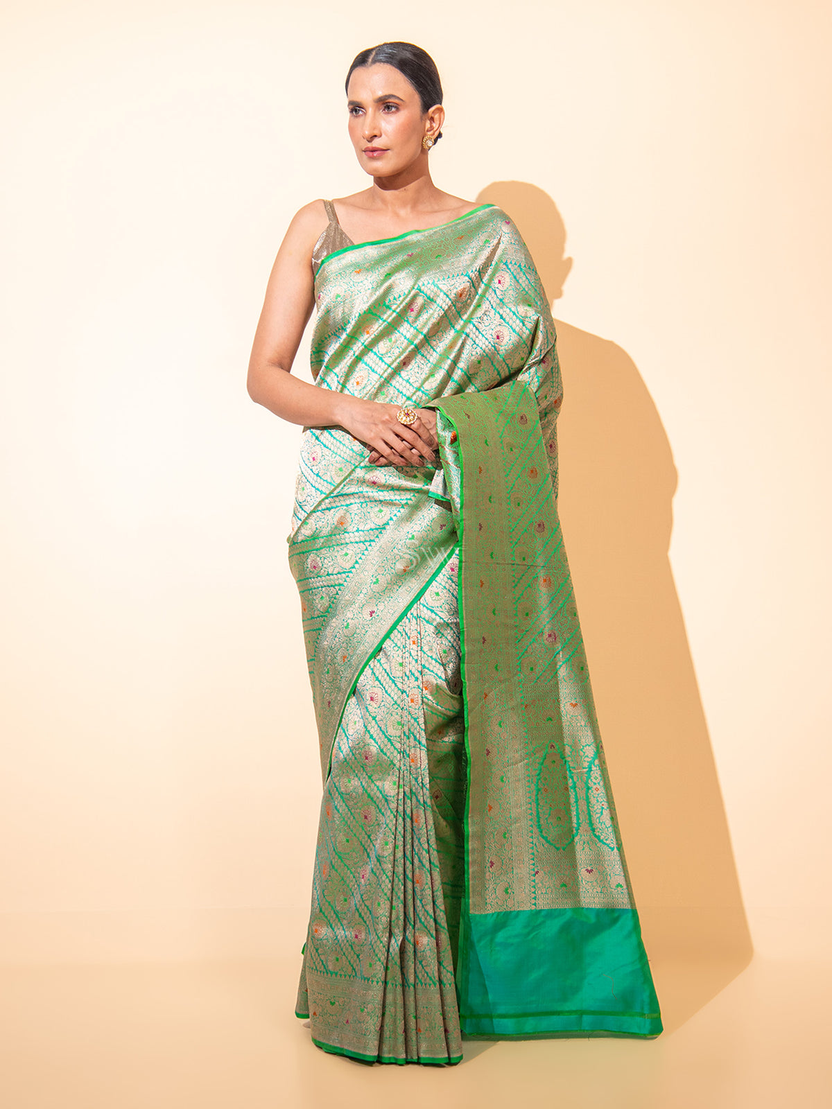 Pista Green Meenakari Brocade Handloom Banarasi Saree - Sacred Weaves