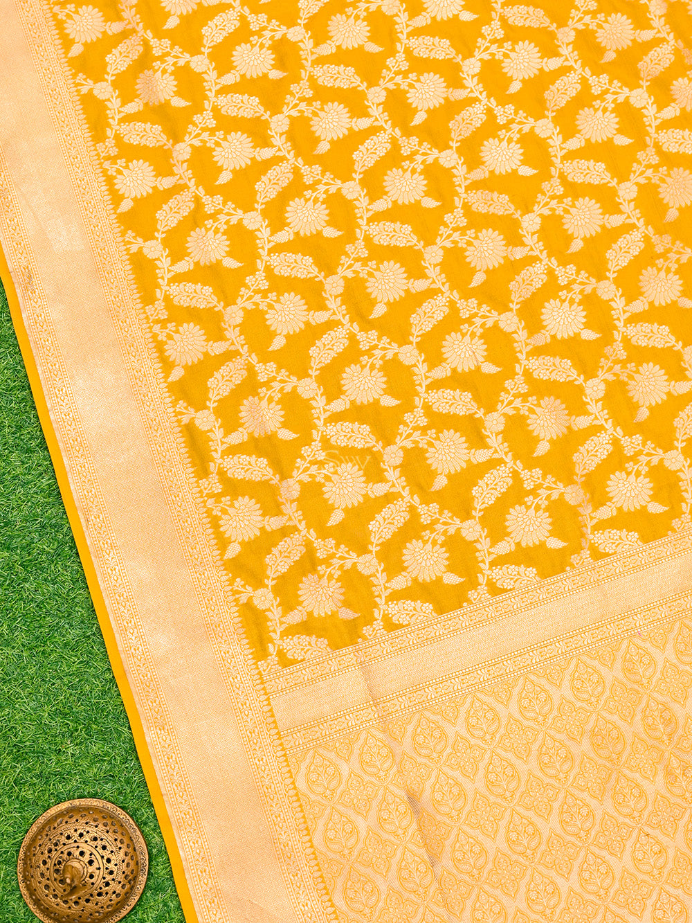 Mustard Uppada Jaal Katan Silk Handloom Banarasi Saree