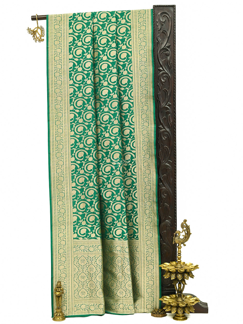 Bottle Green Uppada Jaal Katan Silk Handloom Banarasi Saree - Sacred Weaves