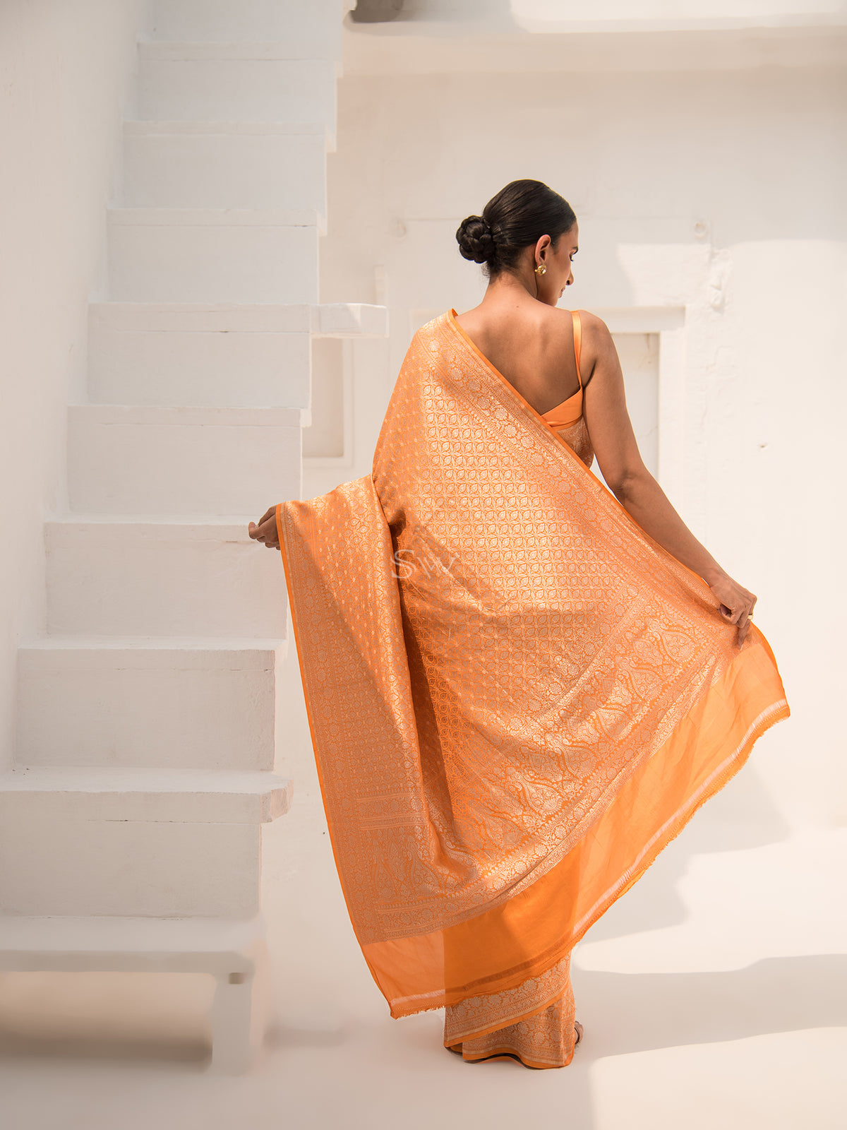 Orange Brocade Katan Silk Handloom Banarasi Saree - Sacred Weaves