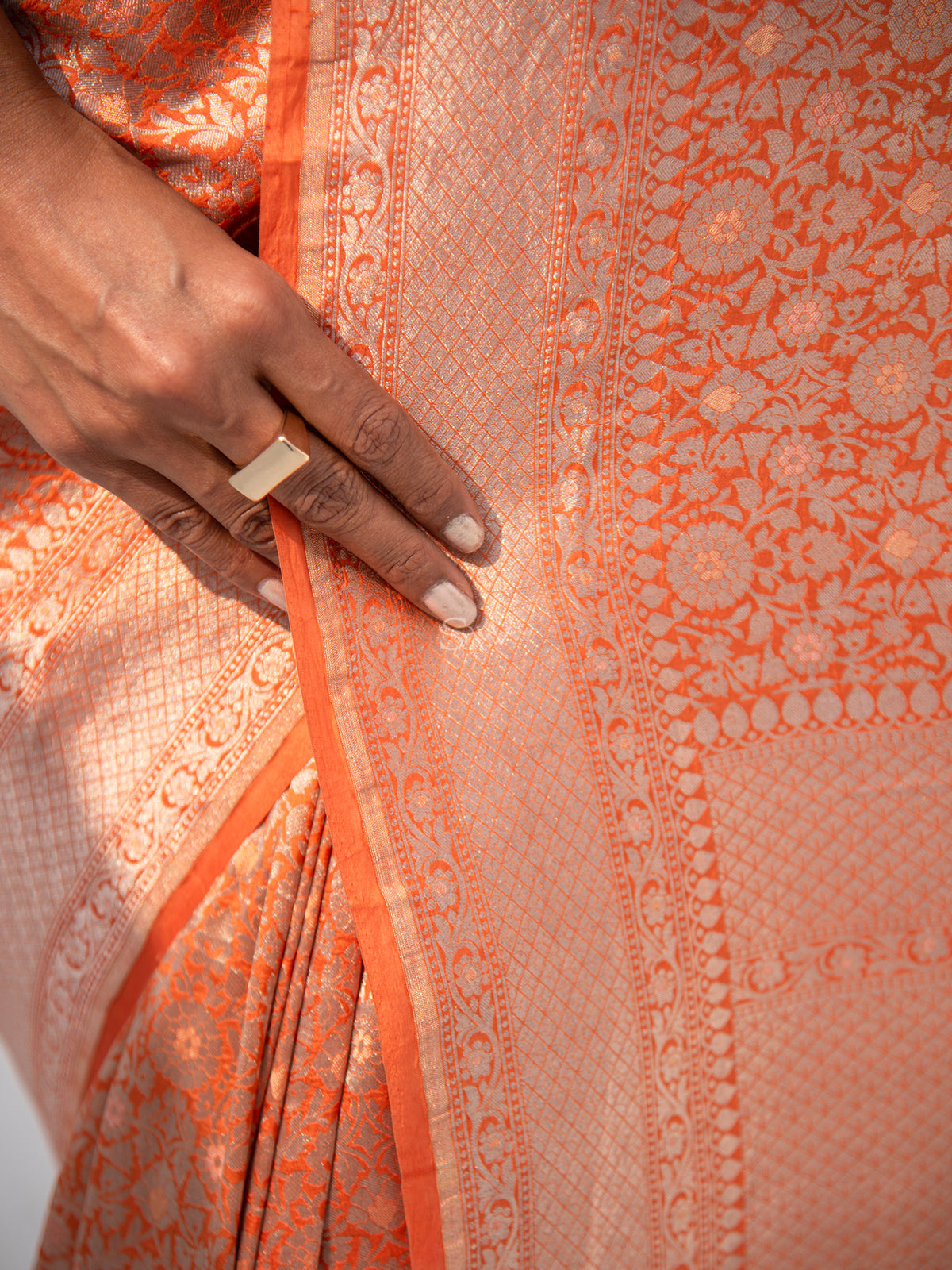 Orange Brocade Katan Silk Handloom Banarasi Saree - Sacred Weaves