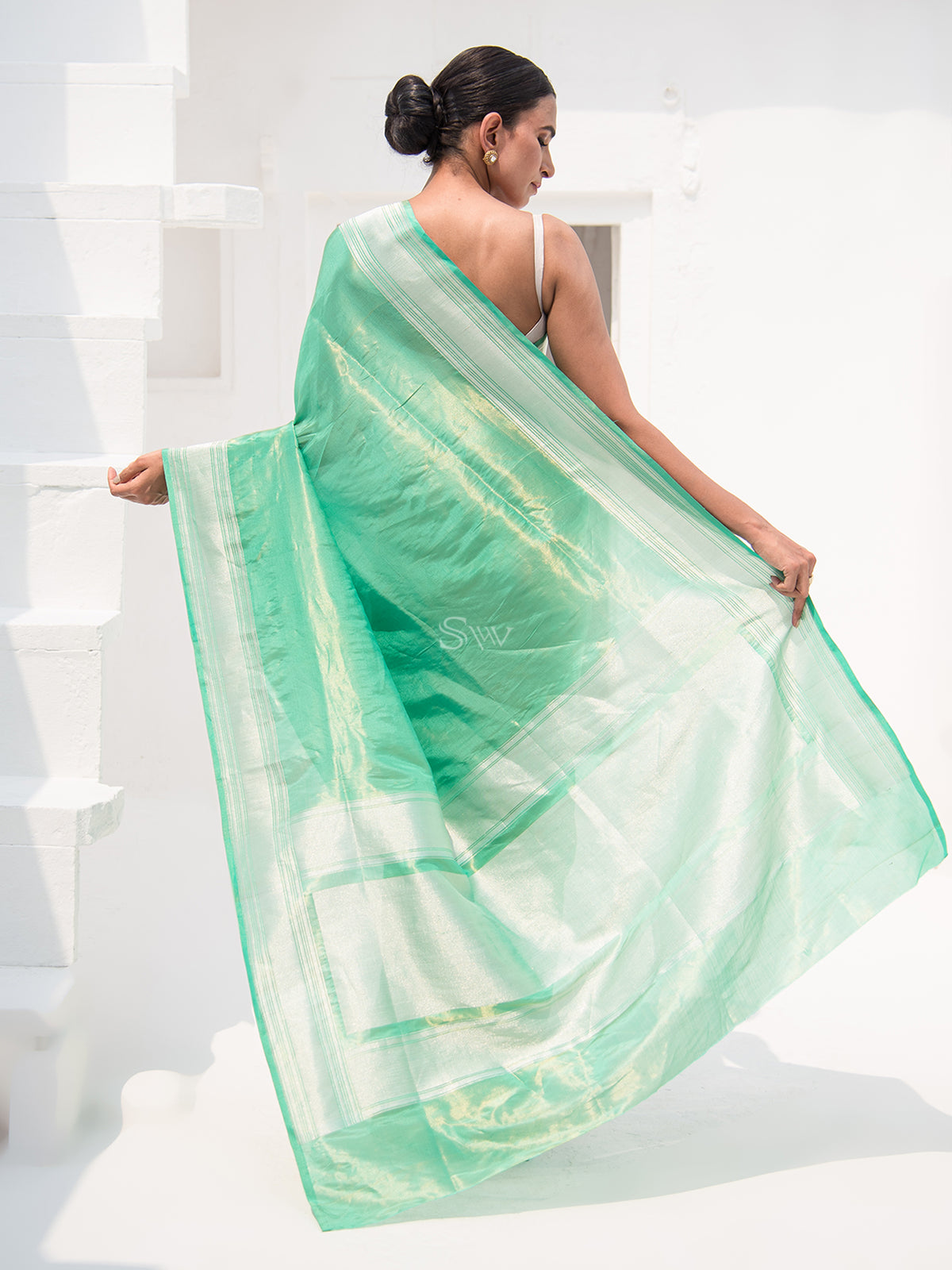 Sea Green Tissue Katan Silk Handloom Banarasi Saree - Sacred Weaves