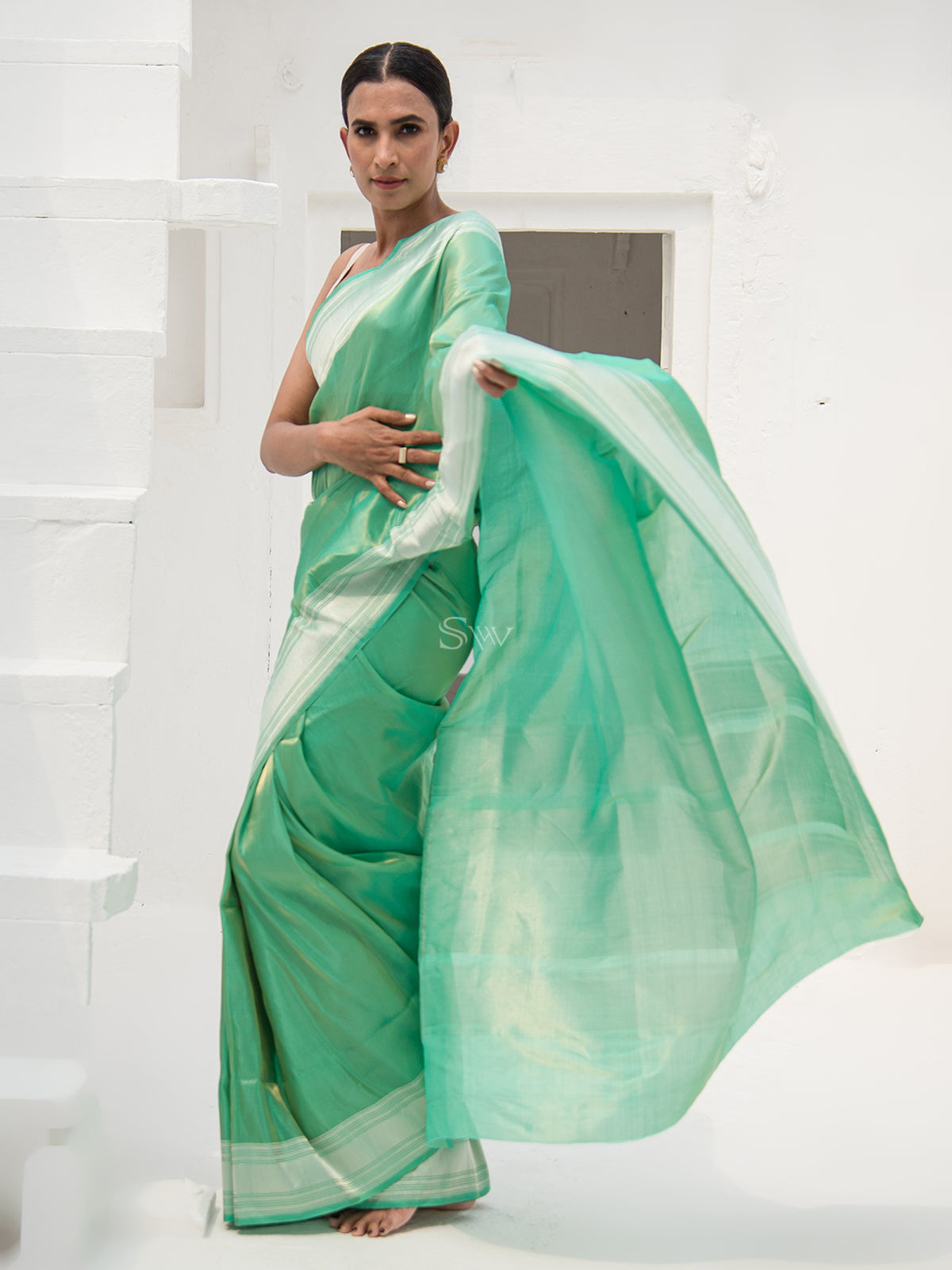 Sea Green Tissue Katan Silk Handloom Banarasi Saree - Sacred Weaves