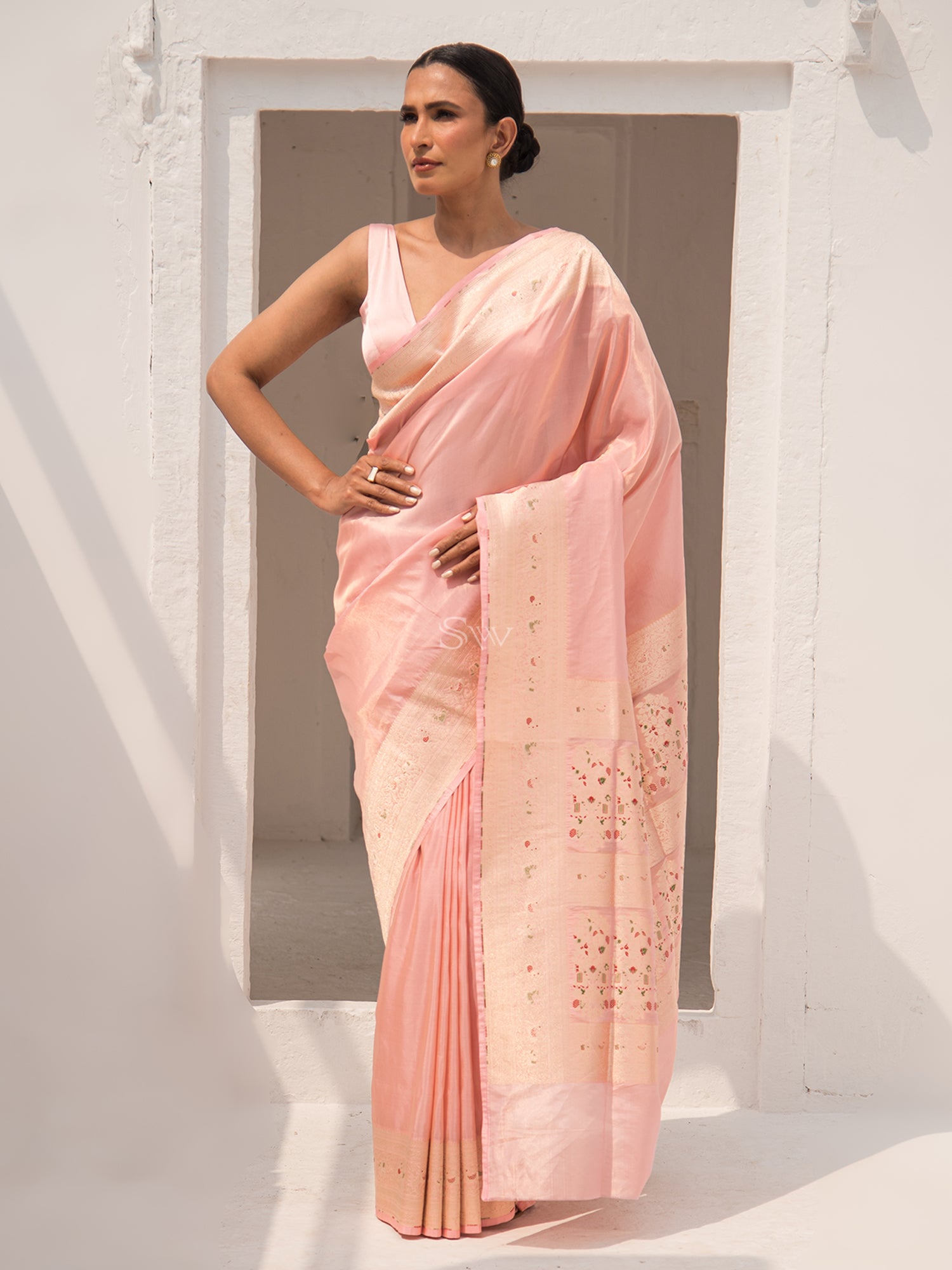 Pastel Pink Plain Tissue Katan Silk Handloom Banarasi Saree - Sacred Weaves