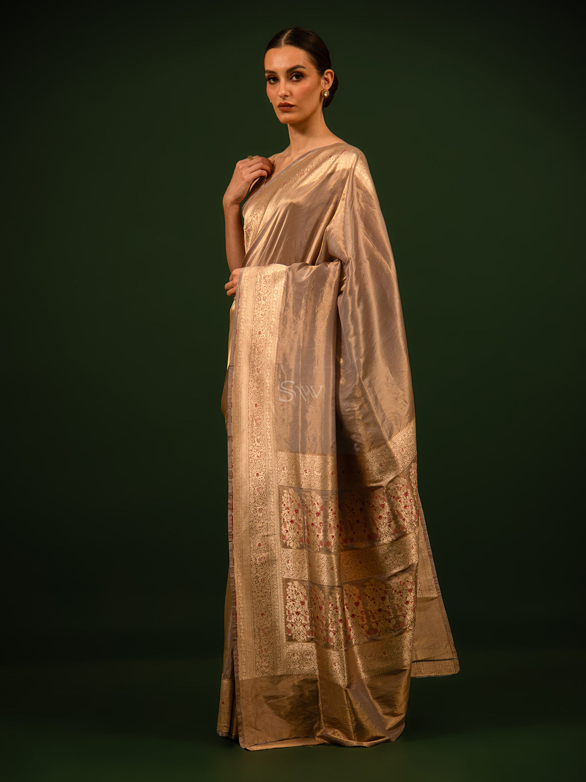 Grey Plain Tissue Katan Silk Handloom Banarasi Saree - Sacred Weaves