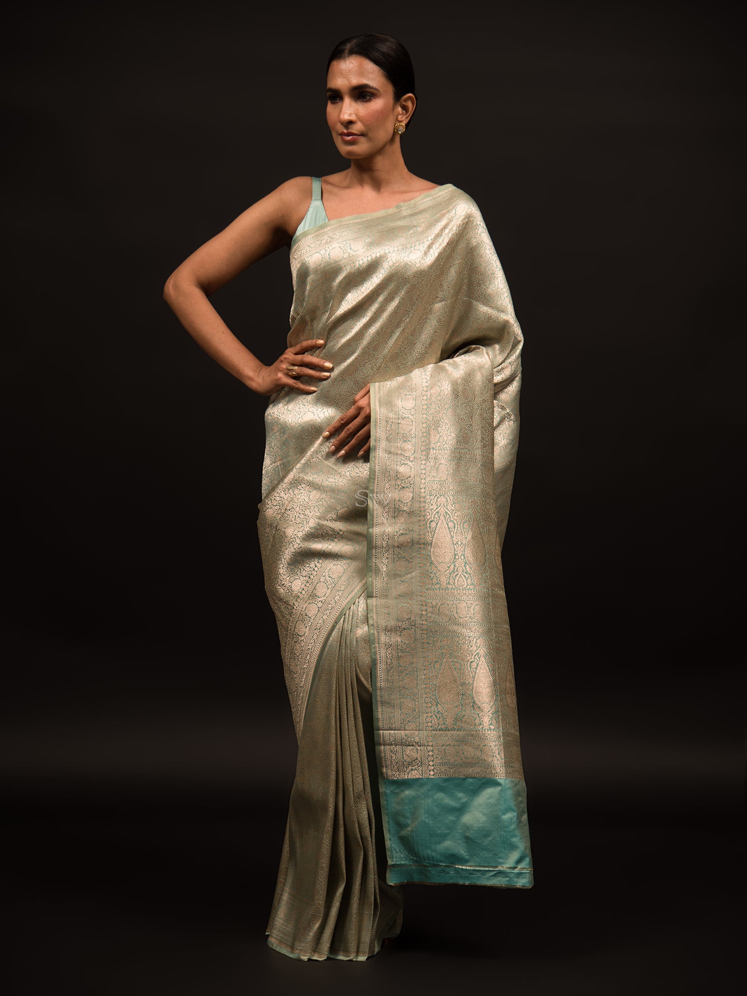 Mint Blue Katan Silk Brocade Handloom Banarasi Saree - Sacred Weaves