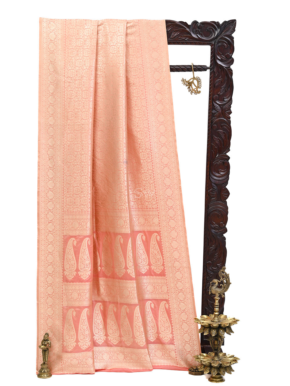 Pastel Peach Brocade Katan Silk Handloom Banarasi Saree - Sacred Weaves