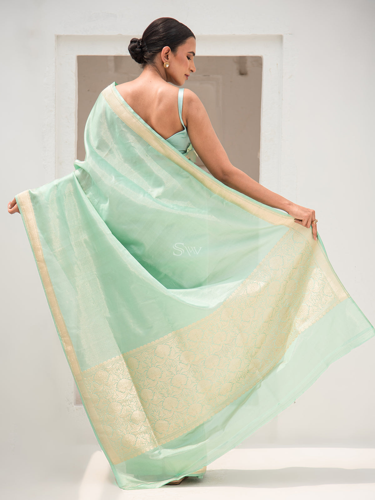 Mint Green Tissue Katan Silk Handloom Banarasi Saree - Sacred Weaves