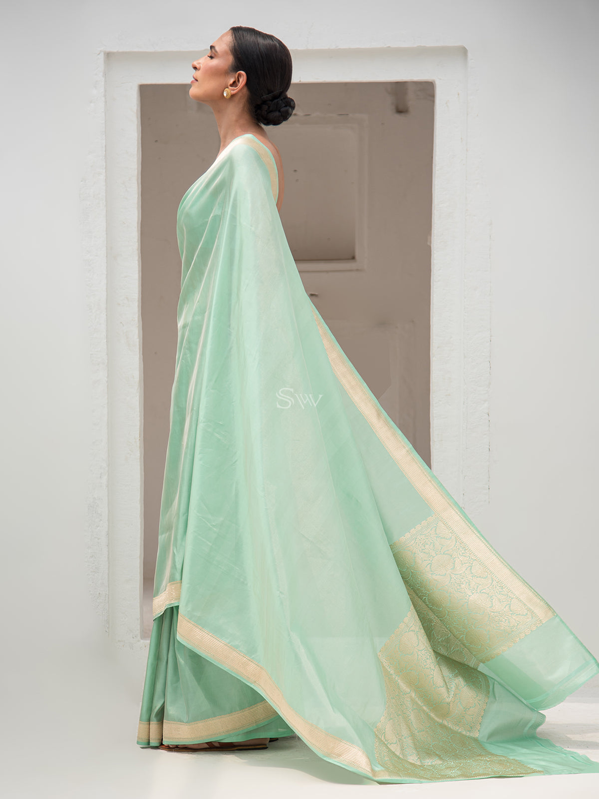 Mint Green Tissue Katan Silk Handloom Banarasi Saree - Sacred Weaves