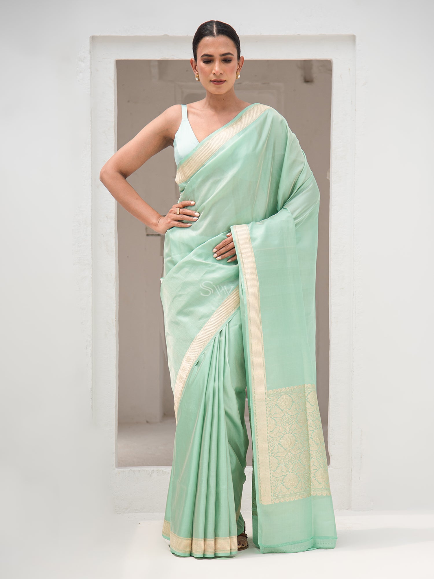 Mint Green Tissue Katan Silk Handloom Banarasi Saree - Sacred Weaves