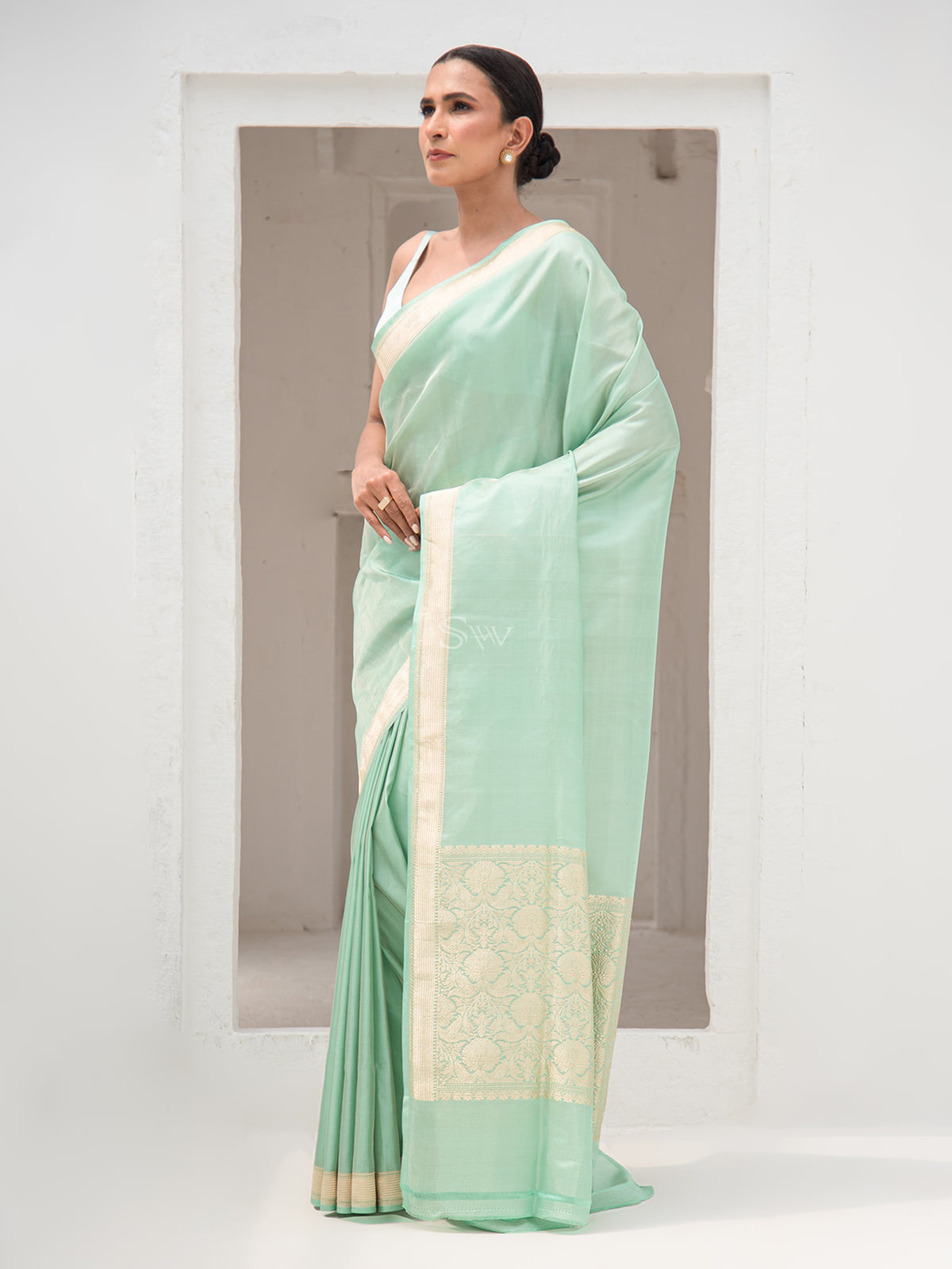 Mint Green Tissue Katan Silk Handloom Banarasi Saree - Sacred Weaves