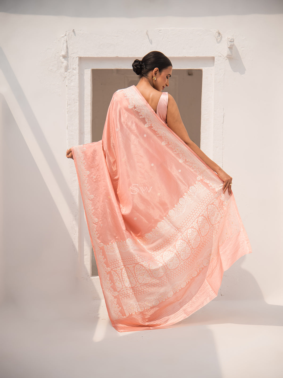 Pastel Peach Booti Tissue Katan Handloom Banarasi Saree - Sacred Weaves