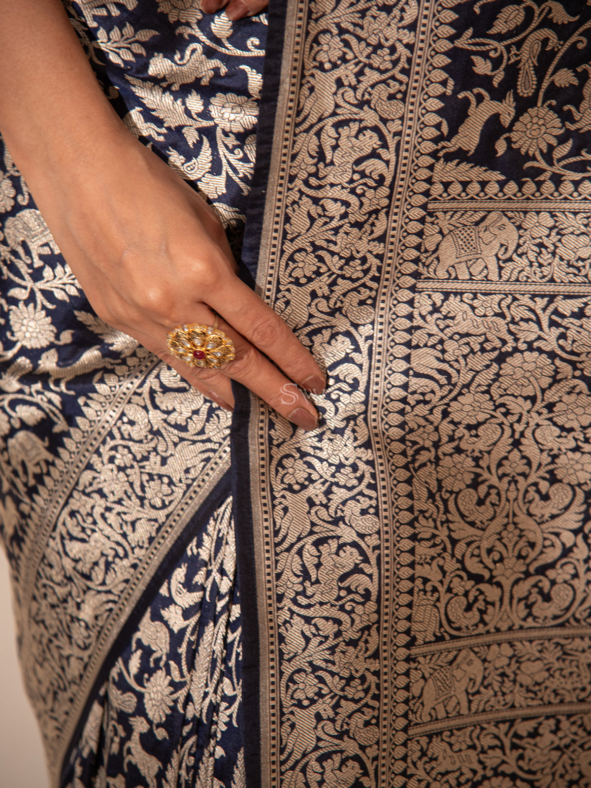Inky Blue Shikargah Katan Silk Handloom Banarasi Saree - Sacred Weaves
