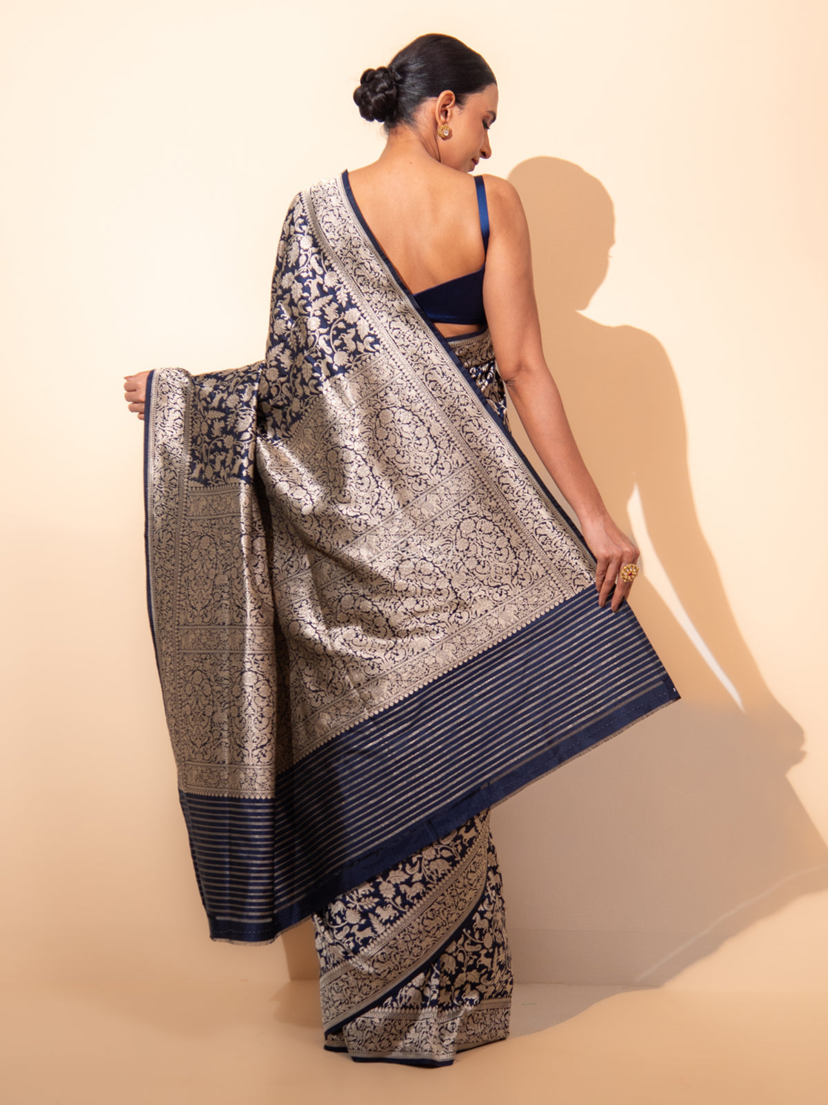 Inky Blue Shikargah Katan Silk Handloom Banarasi Saree - Sacred Weaves