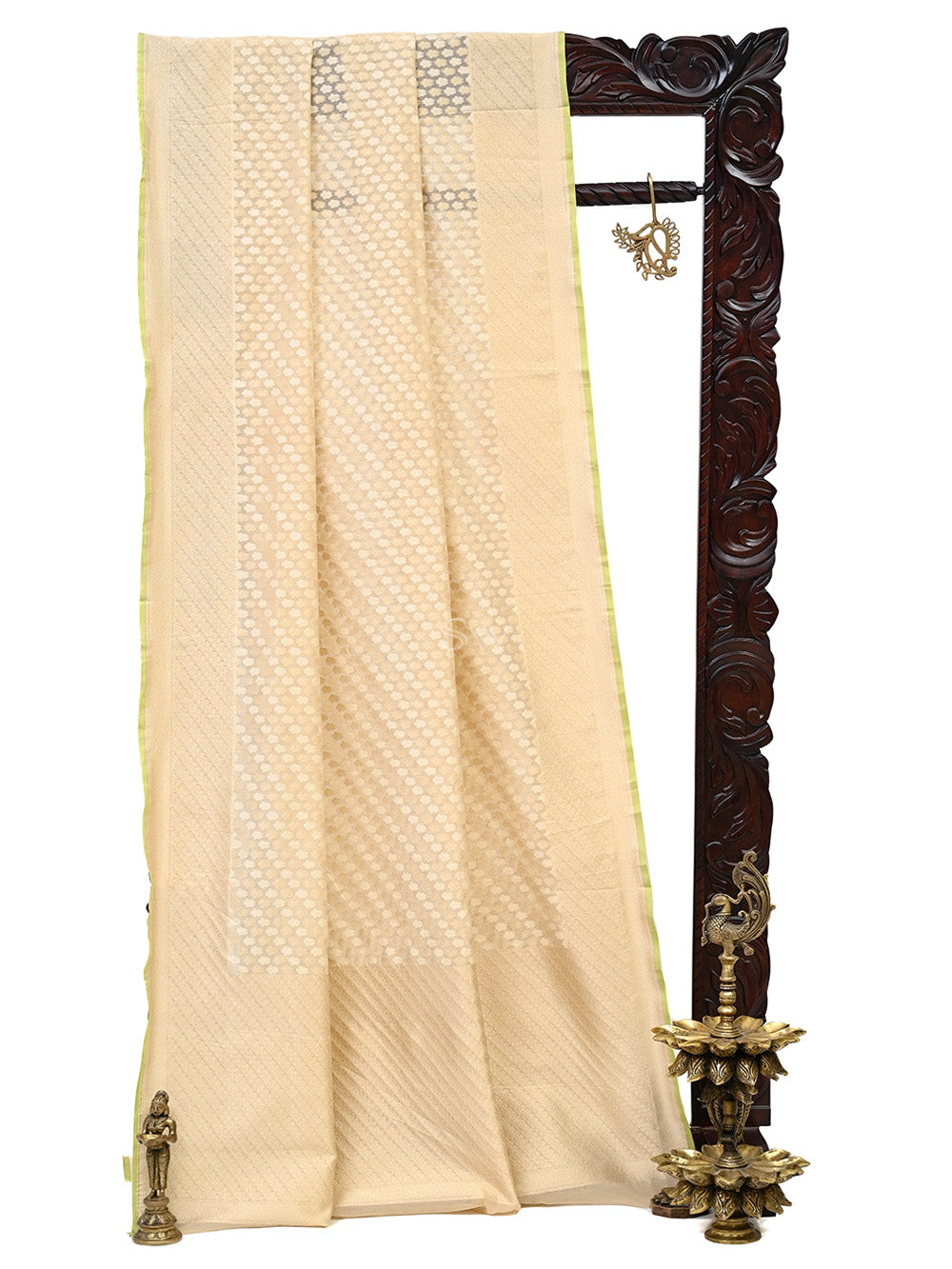 Beige Zari Booti Cotton Silk Handloom Banarasi Saree - Sacred Weaves