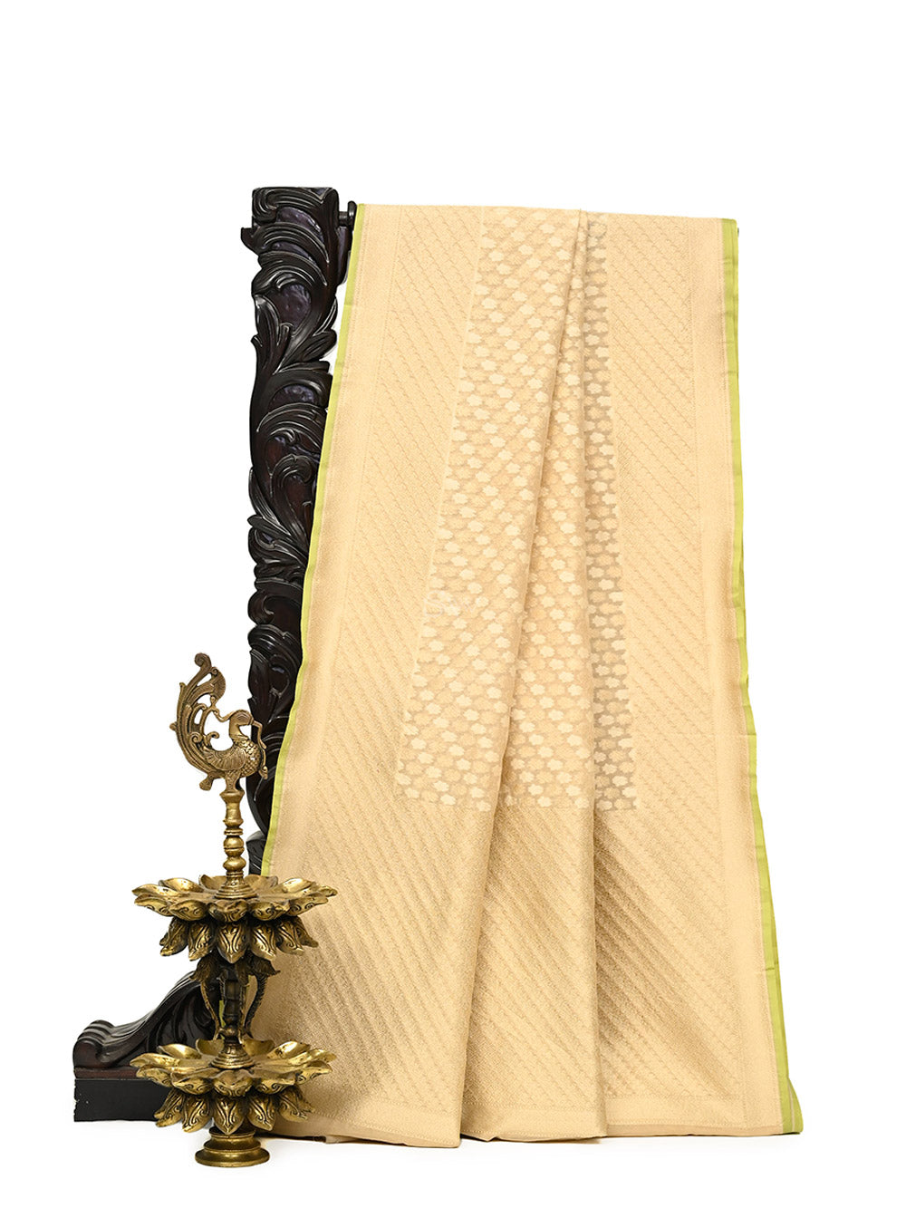 Beige Zari Booti Cotton Silk Handloom Banarasi Saree - Sacred Weaves