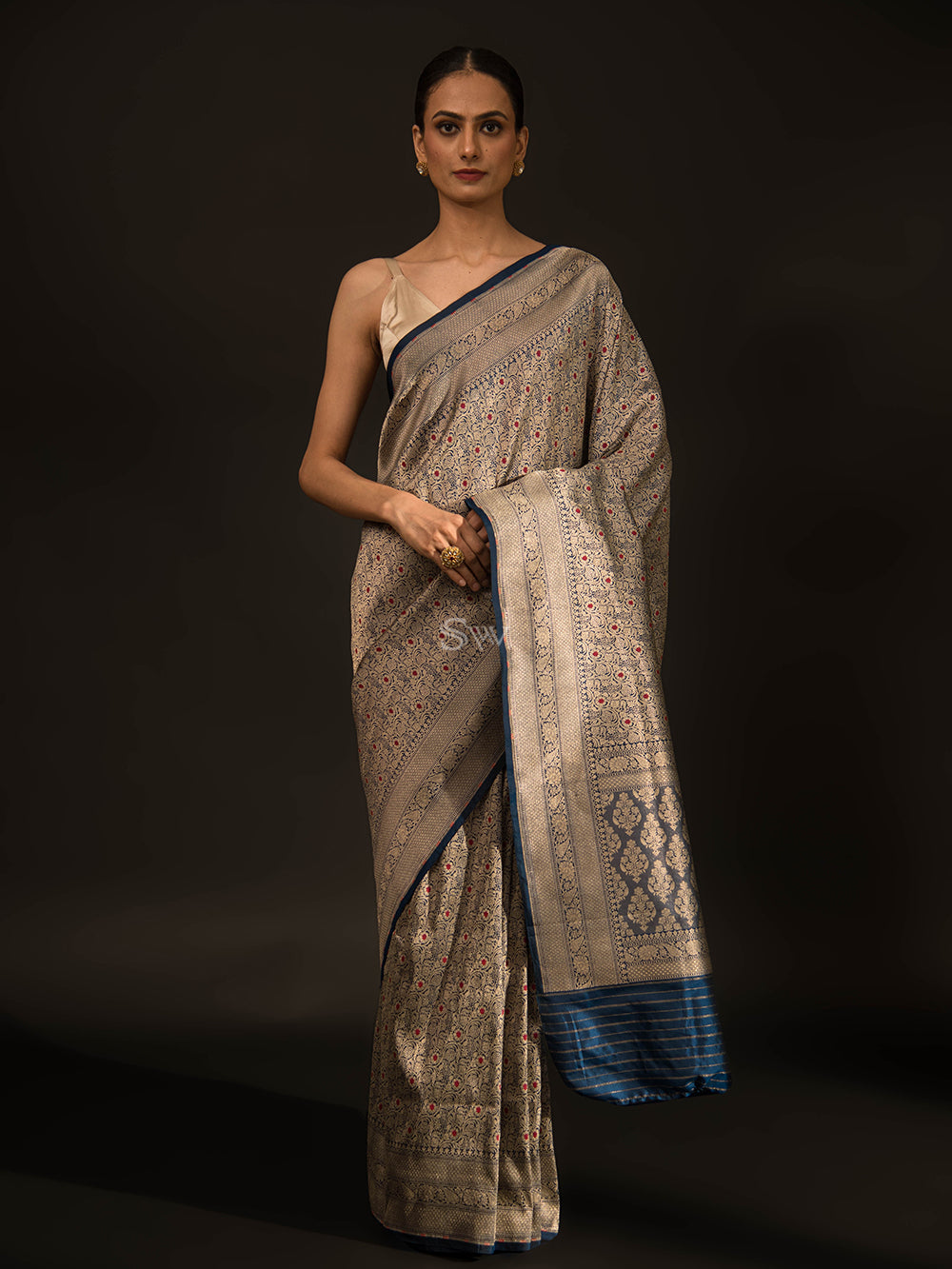 Navy Blue Katan Silk Brocade Handloom Banarasi Saree - Sacred Weaves