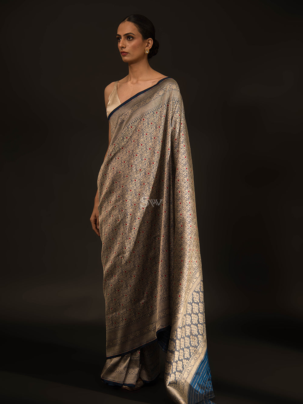Navy Blue Katan Silk Brocade Handloom Banarasi Saree - Sacred Weaves