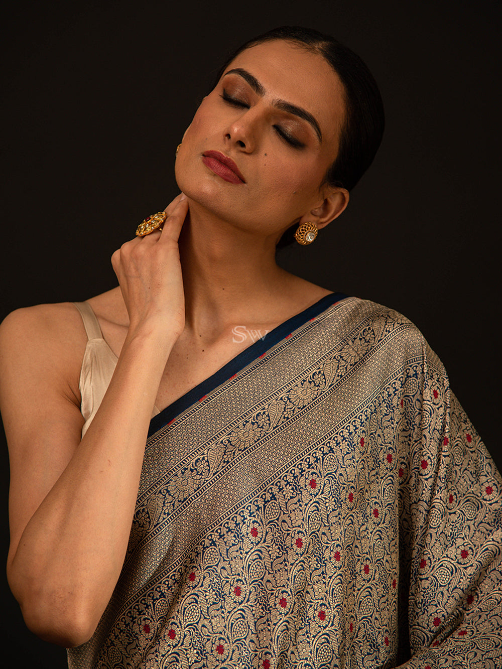 Navy Blue Katan Silk Brocade Handloom Banarasi Saree - Sacred Weaves