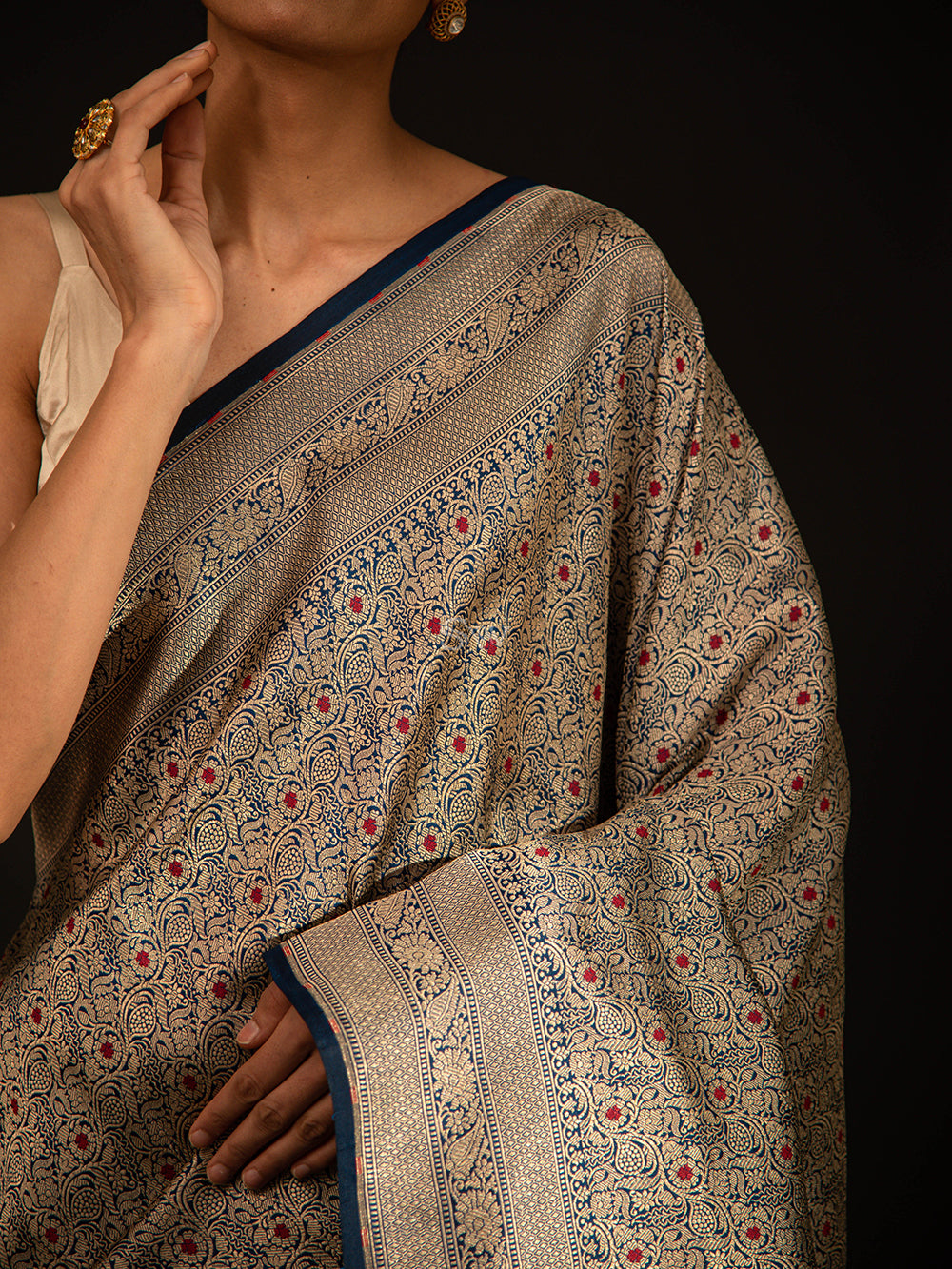 Navy Blue Katan Silk Brocade Handloom Banarasi Saree - Sacred Weaves