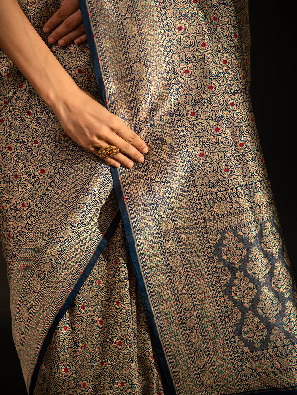 Navy Blue Katan Silk Brocade Handloom Banarasi Saree - Sacred Weaves