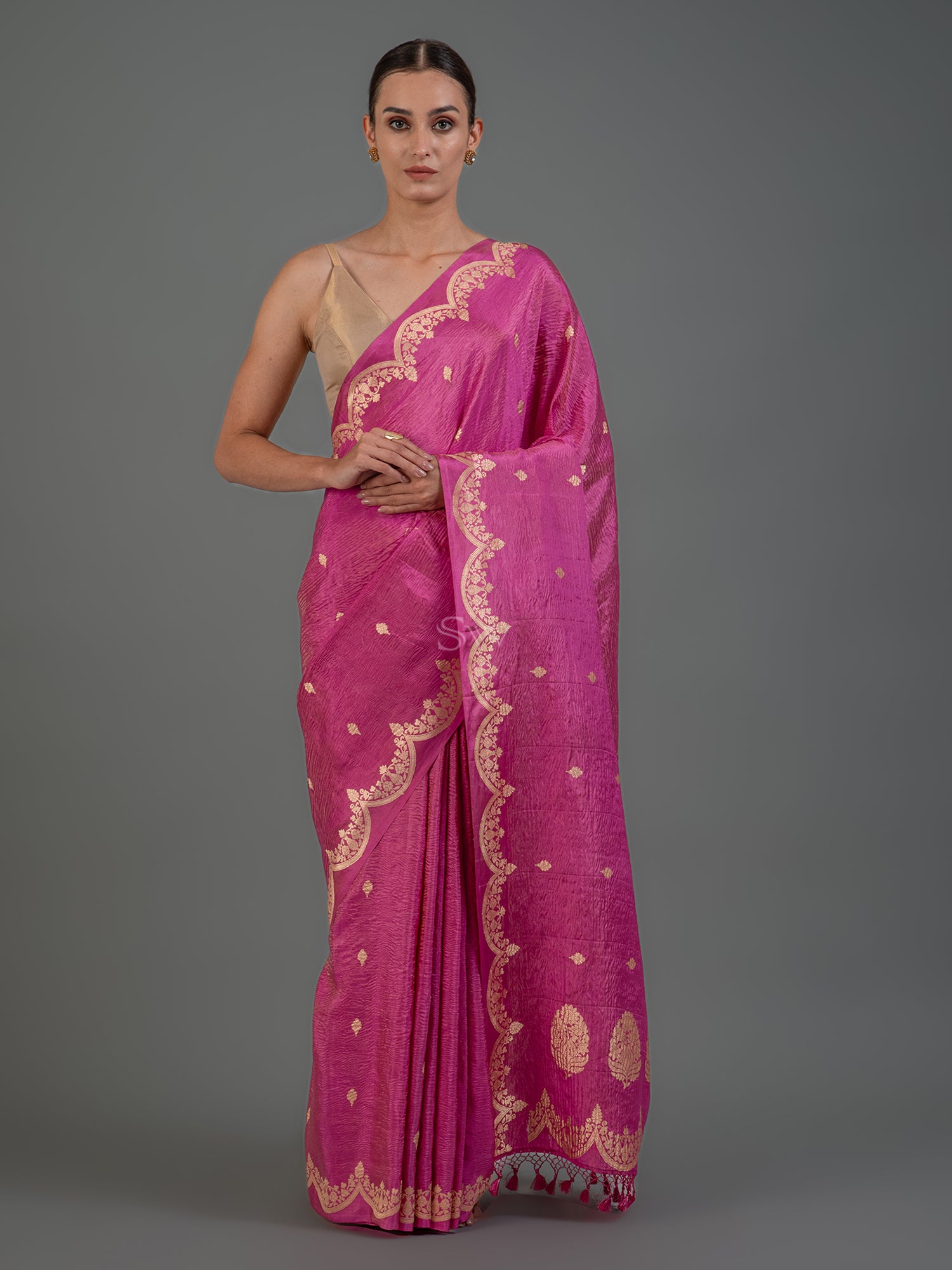 Bright Pink Crush Tissue Silk Handloom Banarasi Saree - Sacred Weaves