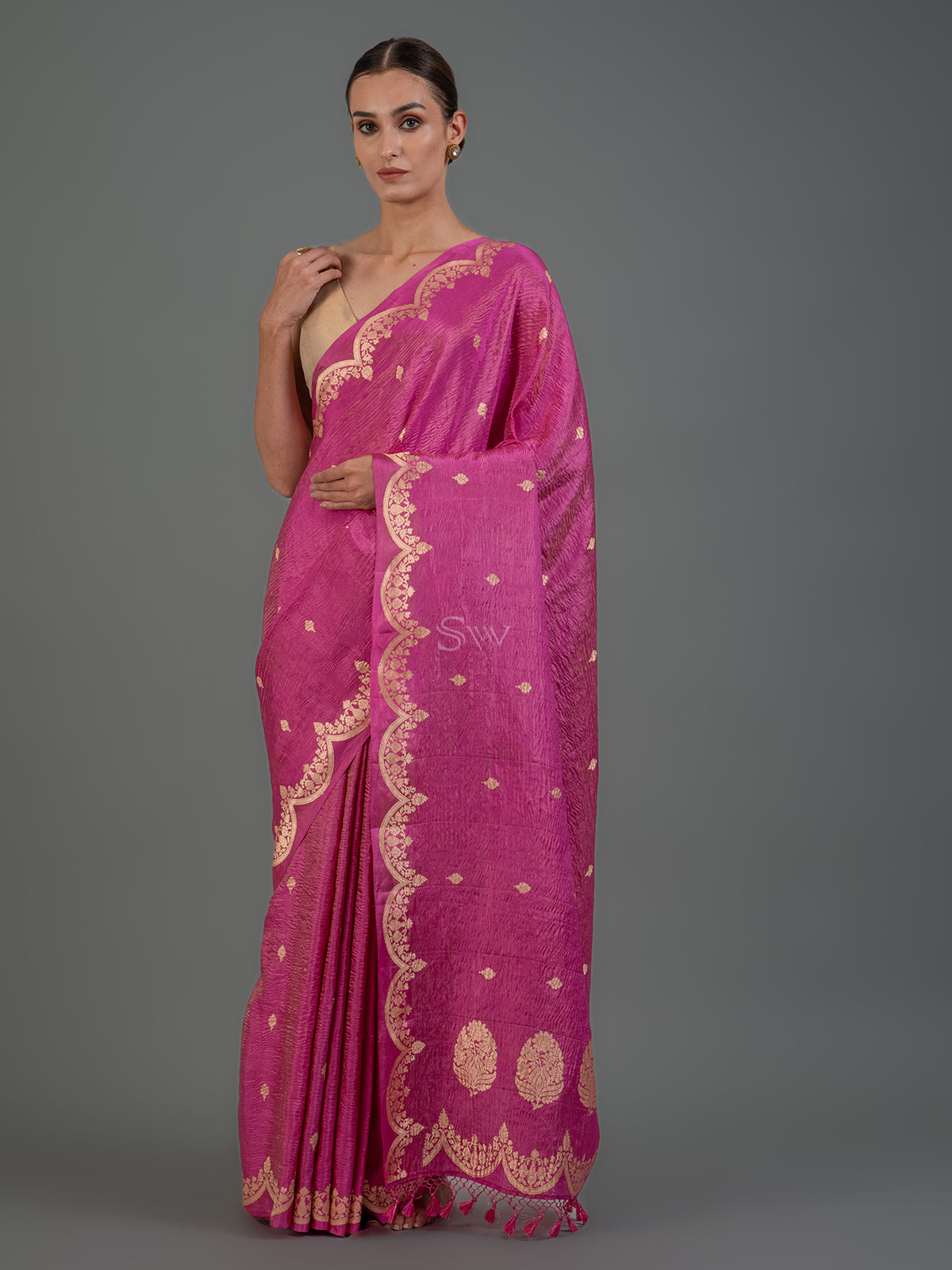 Bright Pink Crush Tissue Silk Handloom Banarasi Saree - Sacred Weaves