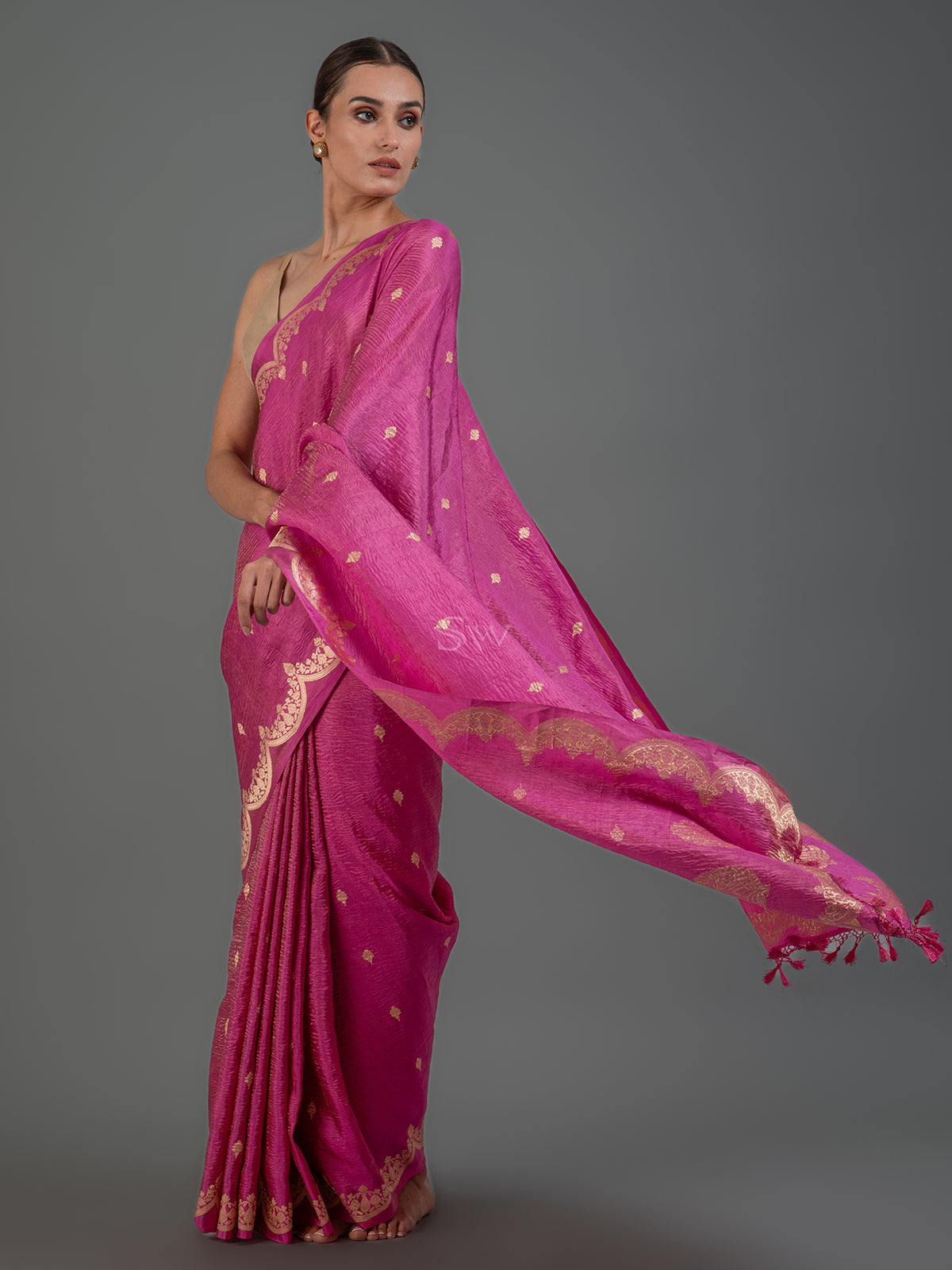 Bright Pink Crush Tissue Silk Handloom Banarasi Saree - Sacred Weaves