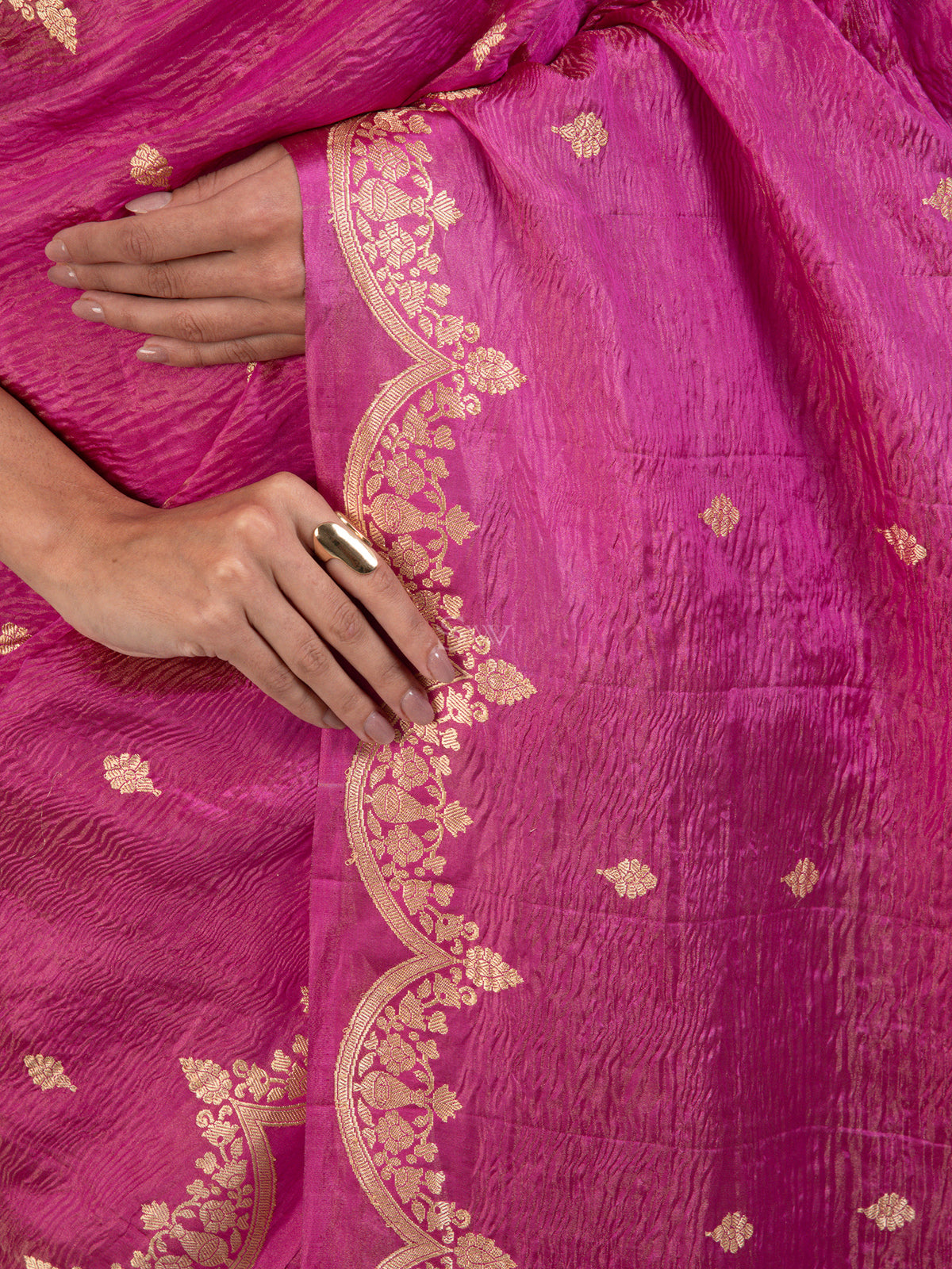 Bright Pink Crush Tissue Silk Handloom Banarasi Saree - Sacred Weaves