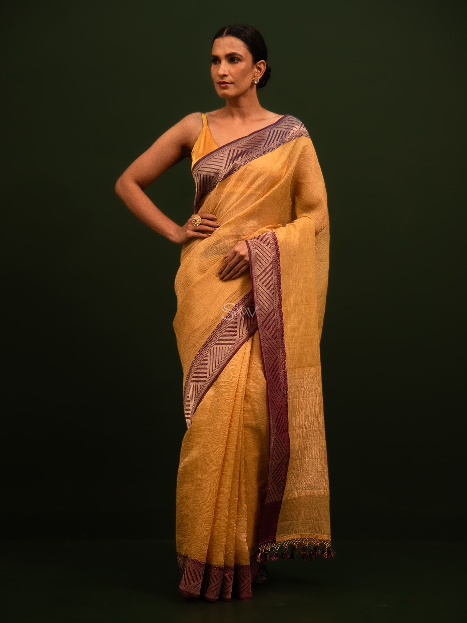 Mustard Pure Crush Tissue Silk Handloom Banarasi Saree - Sacred Weaves