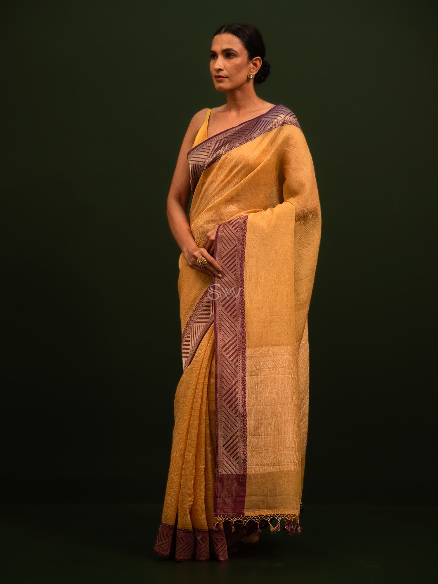 Mustard Pure Crush Tissue Silk Handloom Banarasi Saree - Sacred Weaves