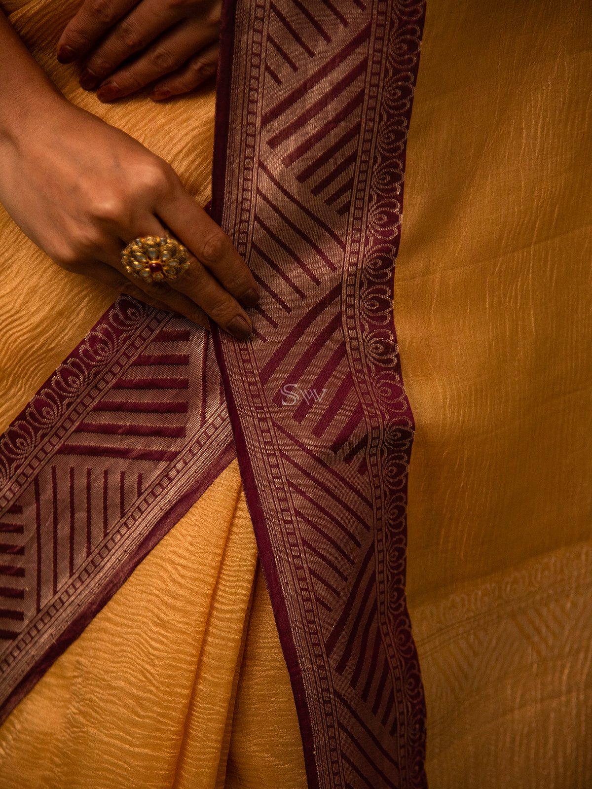 Mustard Pure Crush Tissue Silk Handloom Banarasi Saree - Sacred Weaves