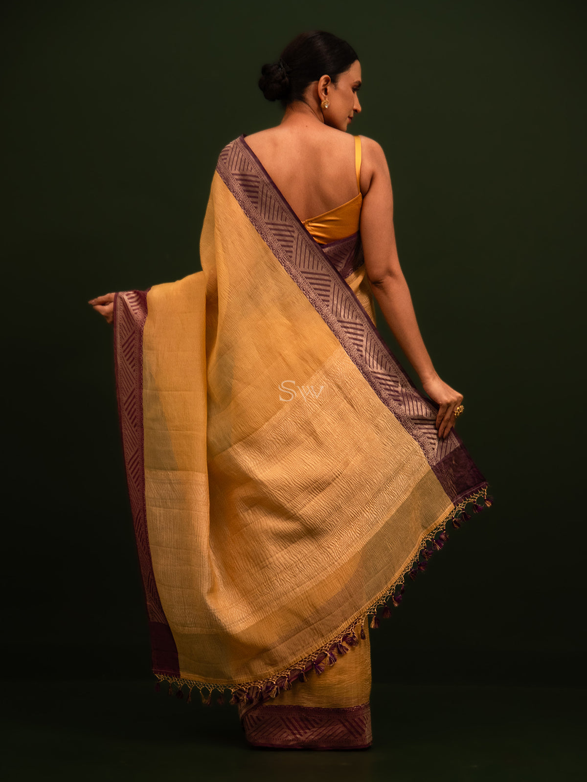 Mustard Pure Crush Tissue Silk Handloom Banarasi Saree - Sacred Weaves