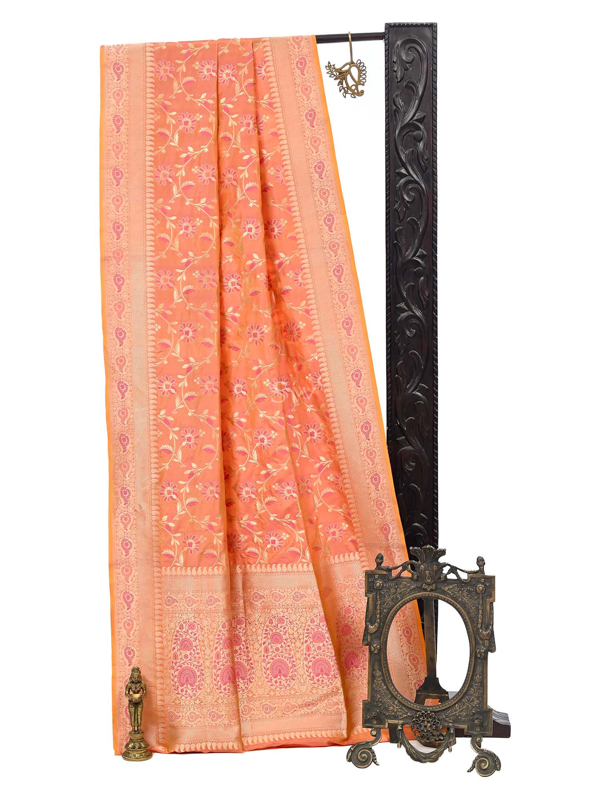 Orange Pink Meenakari Jaal Katan Silk Handloom Banarasi Saree
