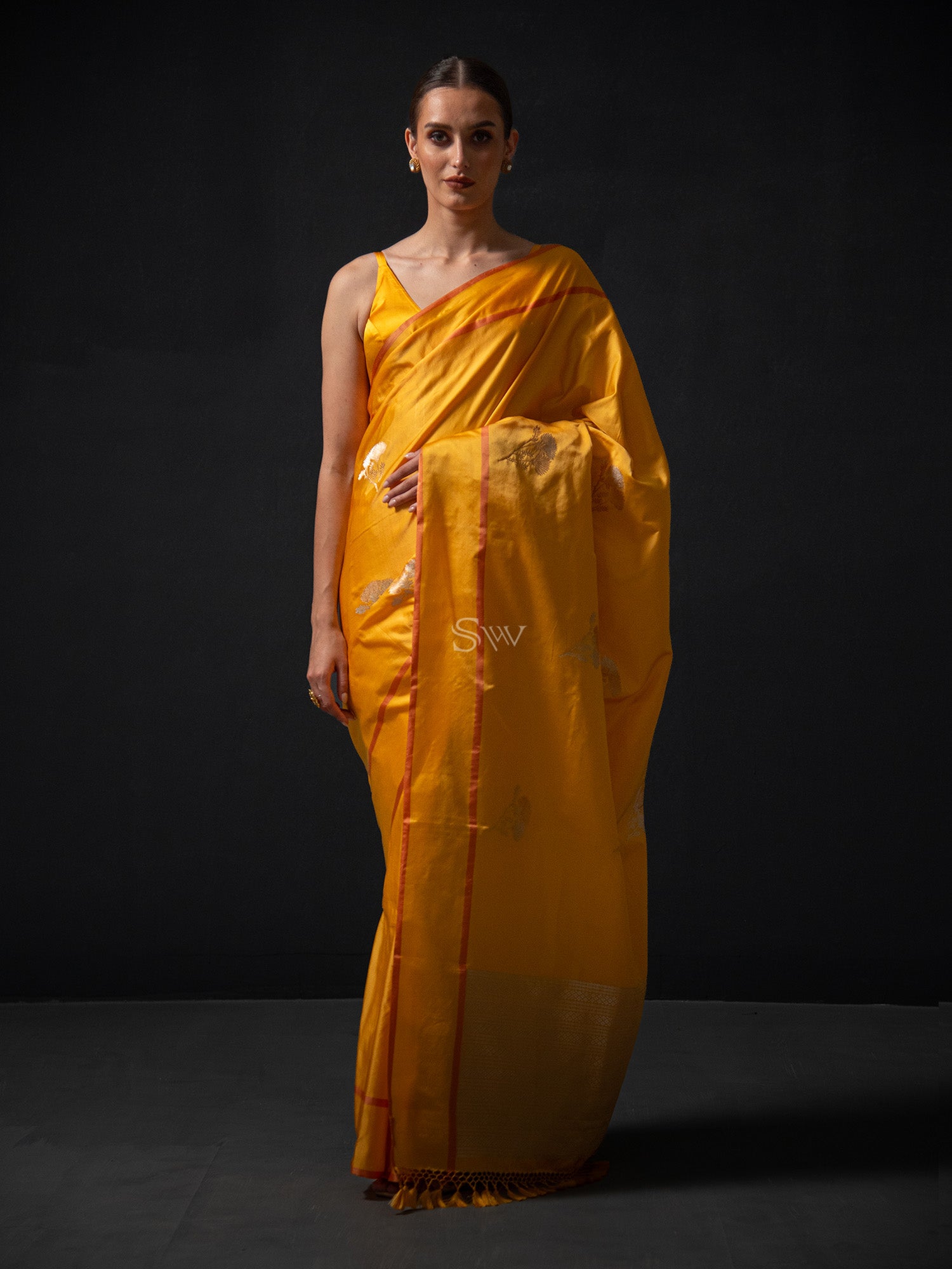 Mustard Boota Satin Silk Handloom Banarasi Saree - Sacred Weaves