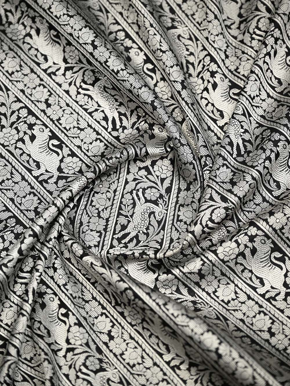 Black Shikargah Brocade Katan Silk Handloom Banarasi Saree - Sacred Weaves