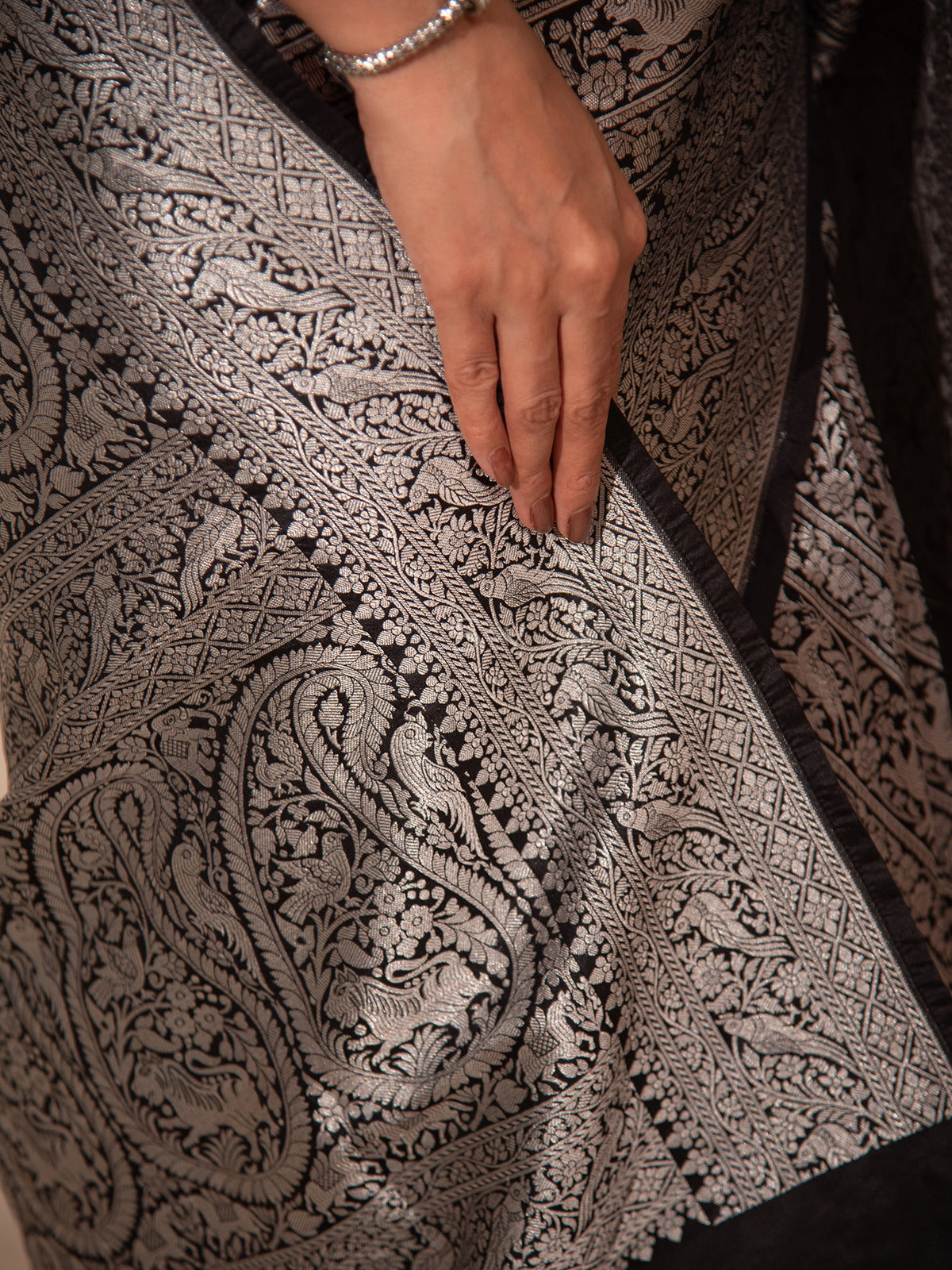 Black Shikargah Katan Silk Handloom Banarasi Saree - Sacred Weaves