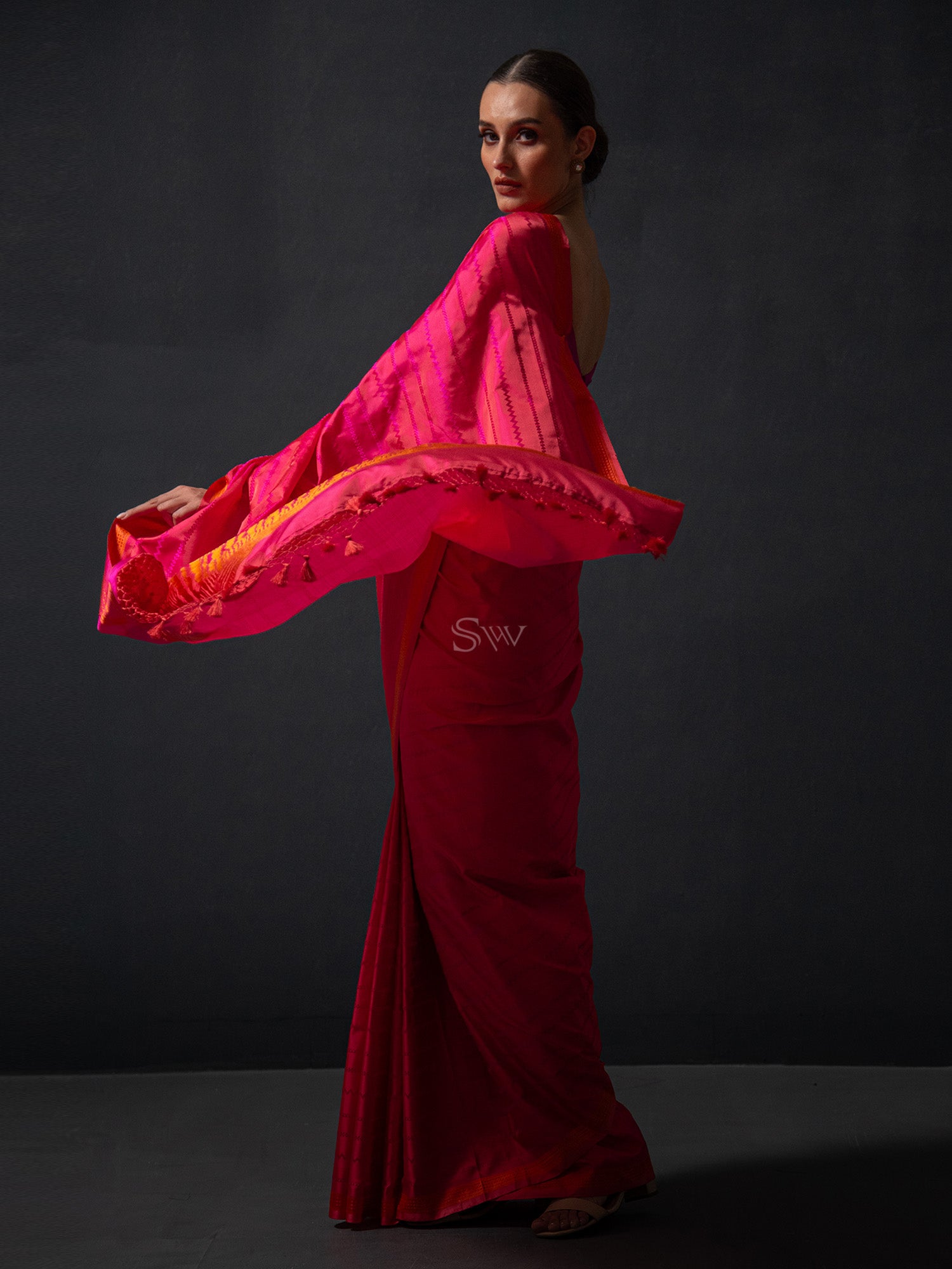 Pink Peach Satin Tanchoi Handloom Banarasi Saree - Sacred Weaves