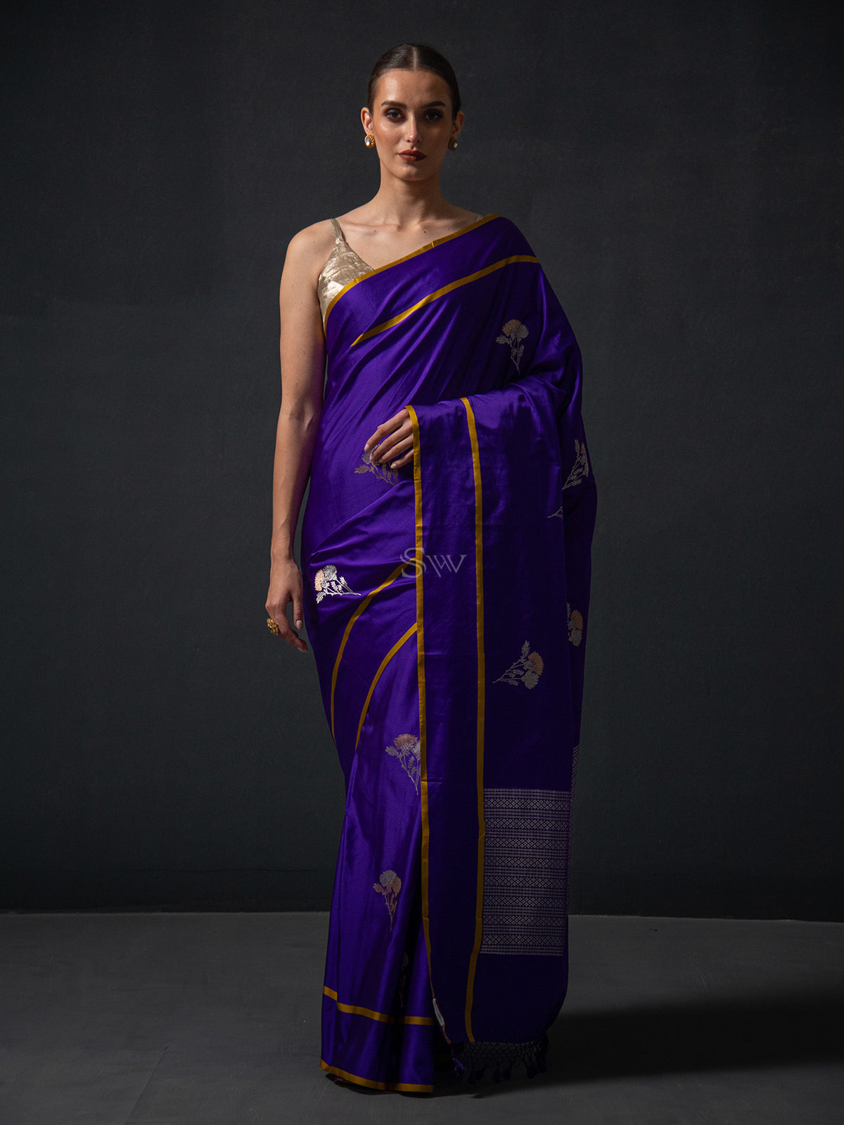 Blue Boota Satin Silk Handloom Banarasi Saree - Sacred Weaves