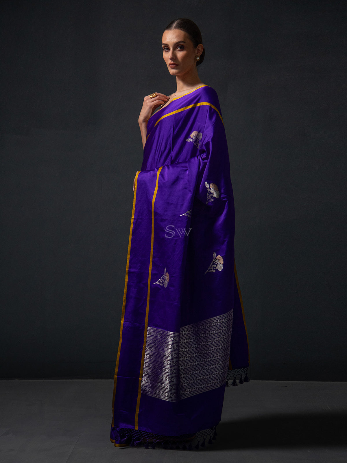 Blue Boota Satin Silk Handloom Banarasi Saree - Sacred Weaves