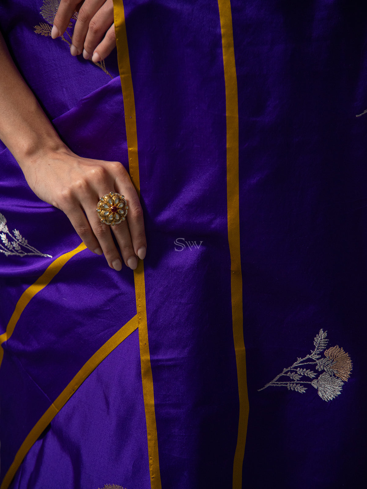 Blue Boota Satin Silk Handloom Banarasi Saree - Sacred Weaves