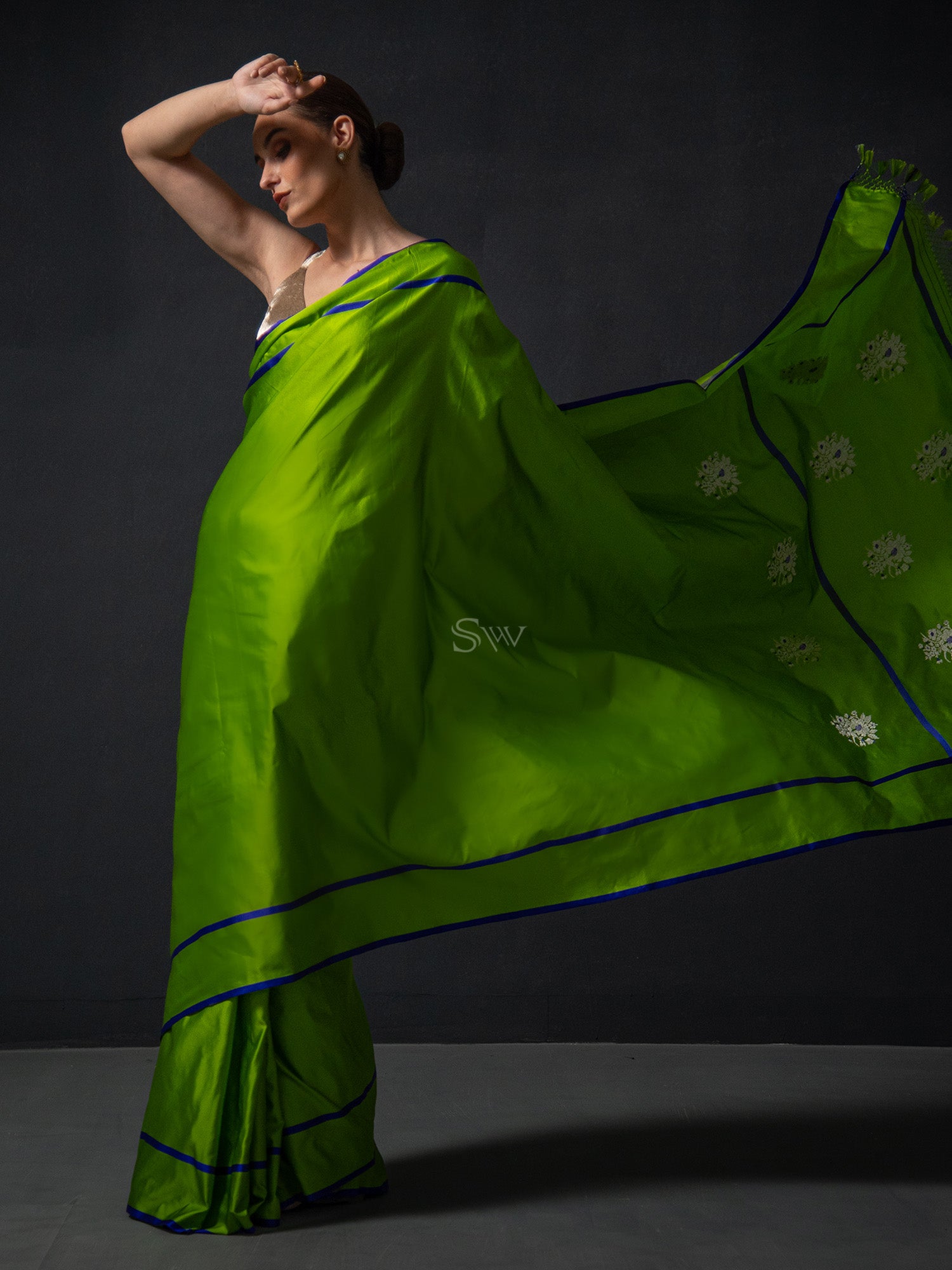 Parrot Green Meenakari Boota Satin Silk Handloom Banarasi Saree - Sacred Weaves