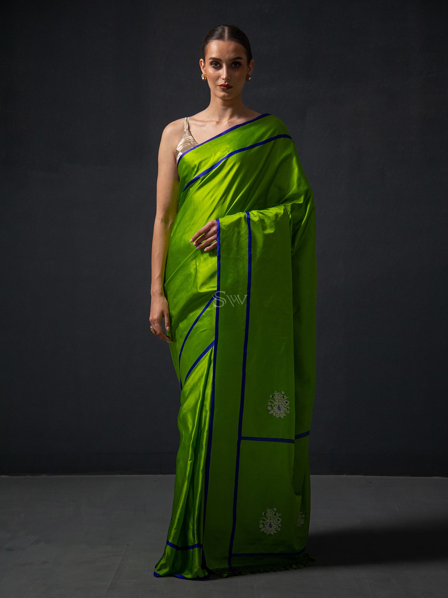Parrot Green Meenakari Boota Satin Silk Handloom Banarasi Saree - Sacred Weaves
