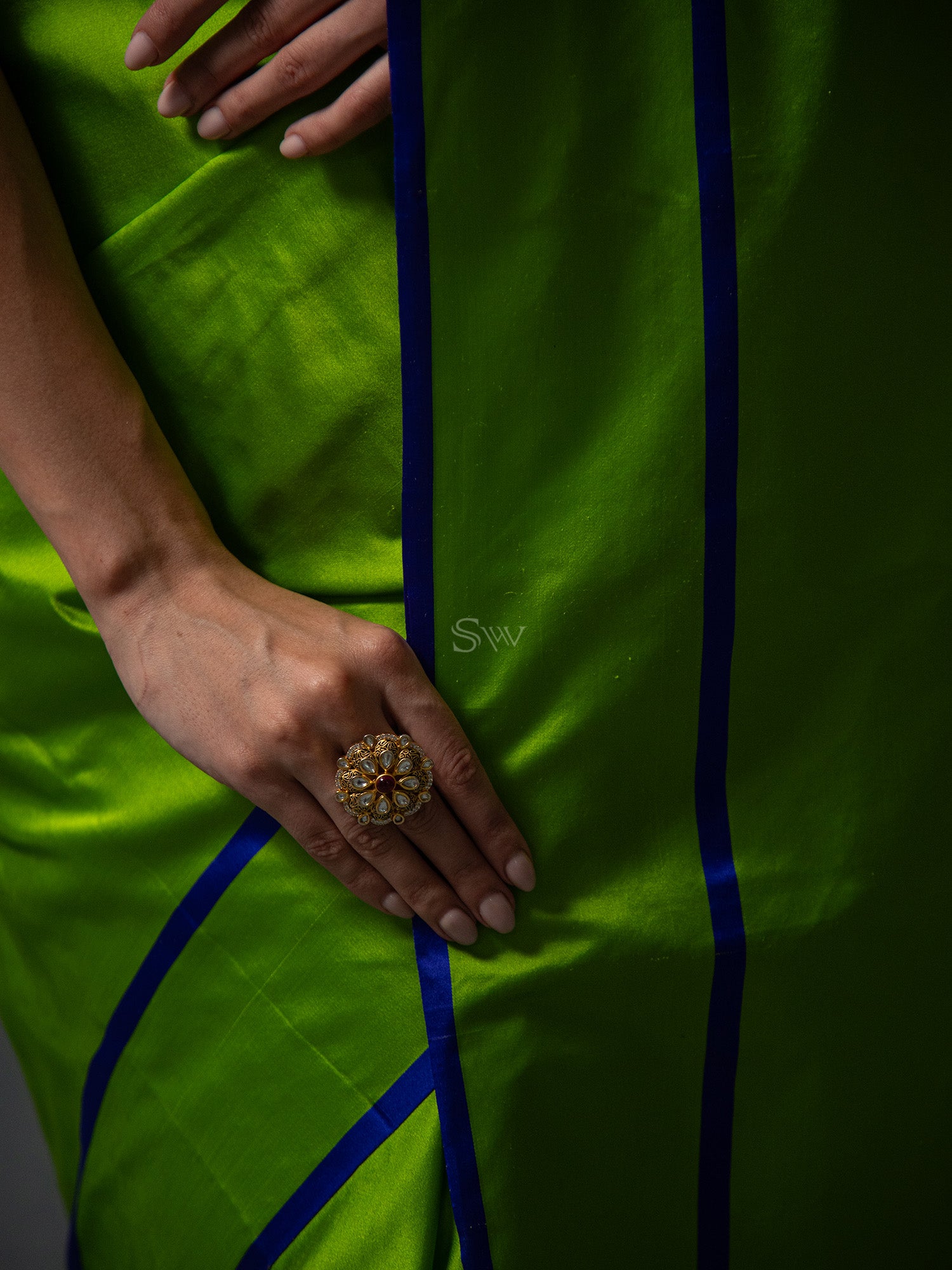 Parrot Green Meenakari Boota Satin Silk Handloom Banarasi Saree - Sacred Weaves