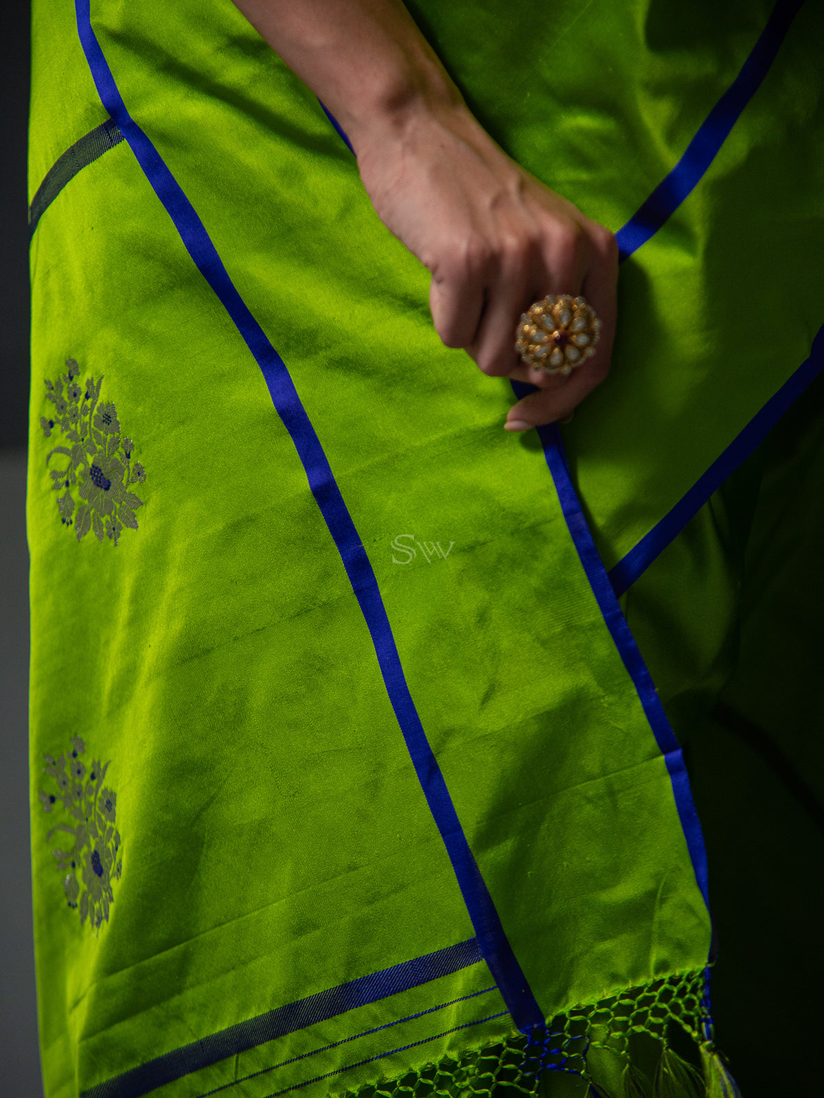 Parrot Green Meenakari Boota Satin Silk Handloom Banarasi Saree - Sacred Weaves