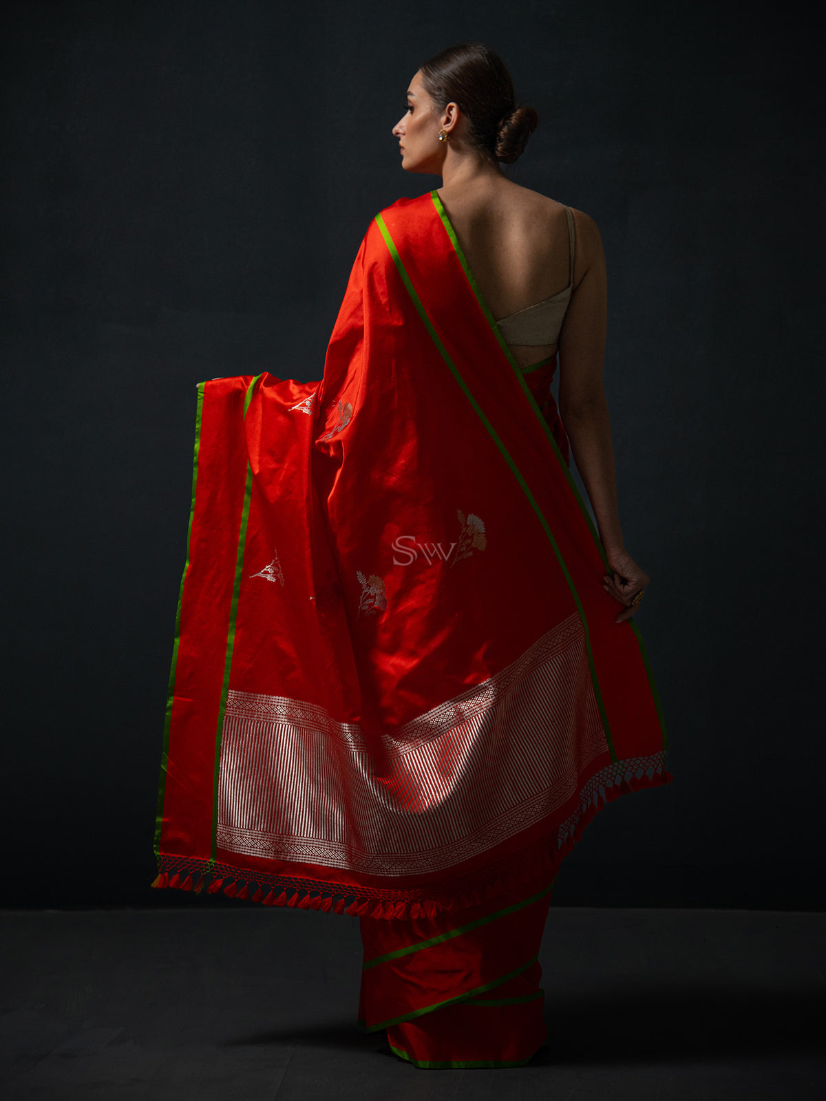 Orange Boota Satin Silk Handloom Banarasi Saree - Sacred Weaves