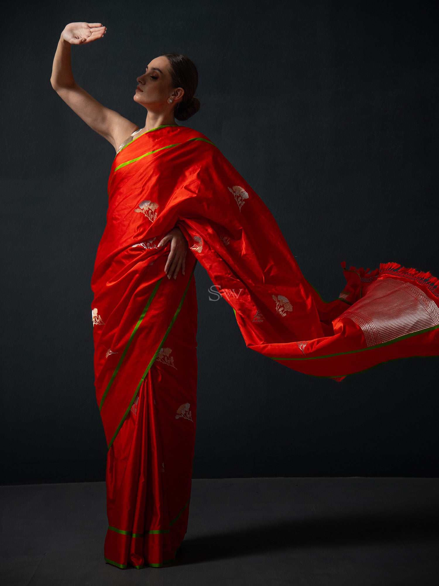 Orange Boota Satin Silk Handloom Banarasi Saree - Sacred Weaves