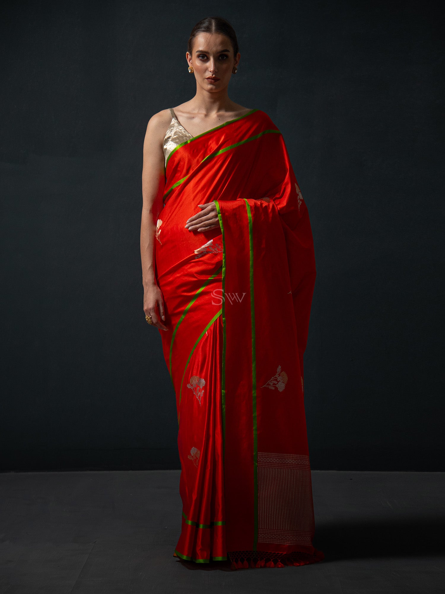 Orange Boota Satin Silk Handloom Banarasi Saree - Sacred Weaves